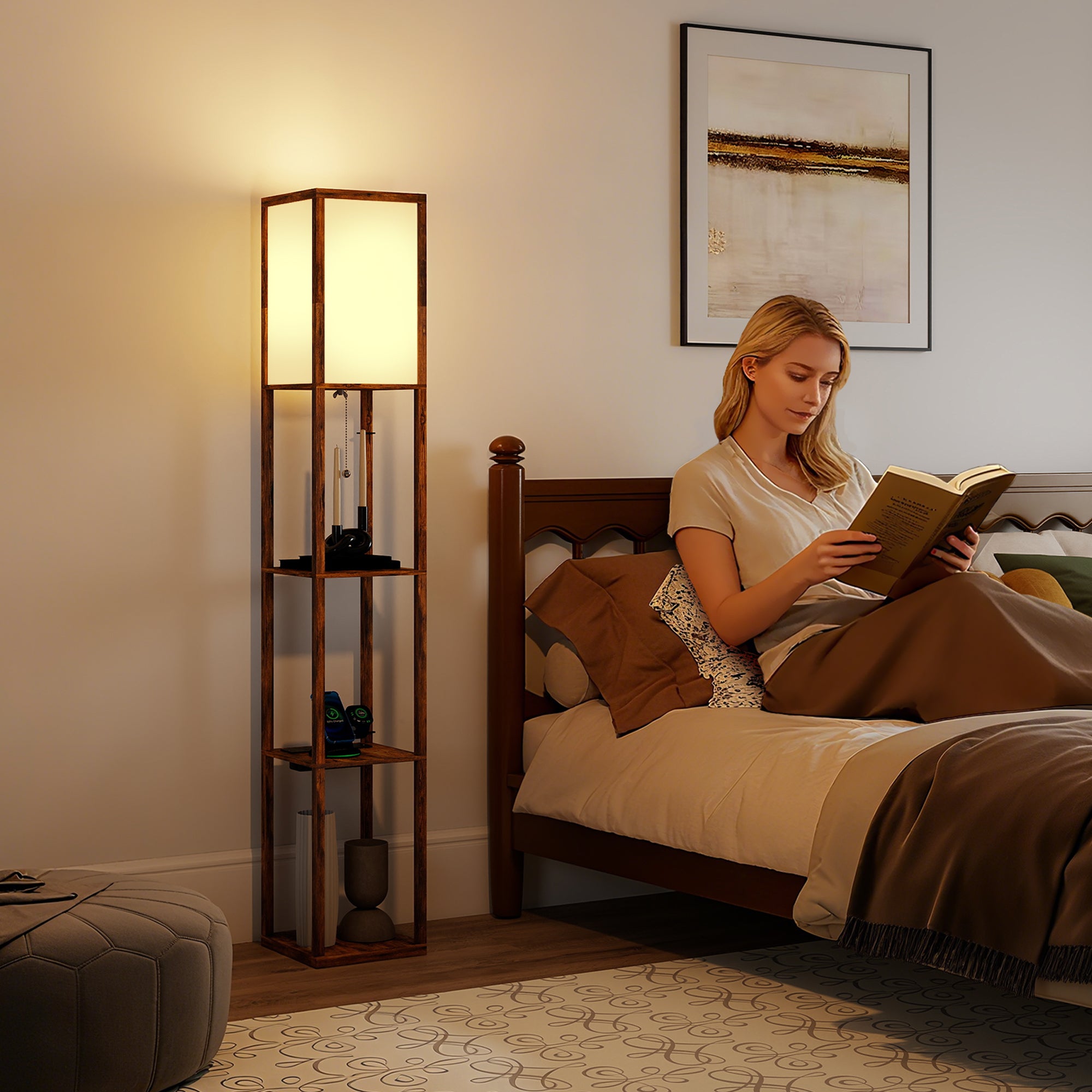 Floor Lamp with Shelves, 4 Layer Column Modern Standing Lamp with USB-A/C Ports and 3 Adjustable Colour Temperature for Living Room, Bedroom, Office, Rustic Brown