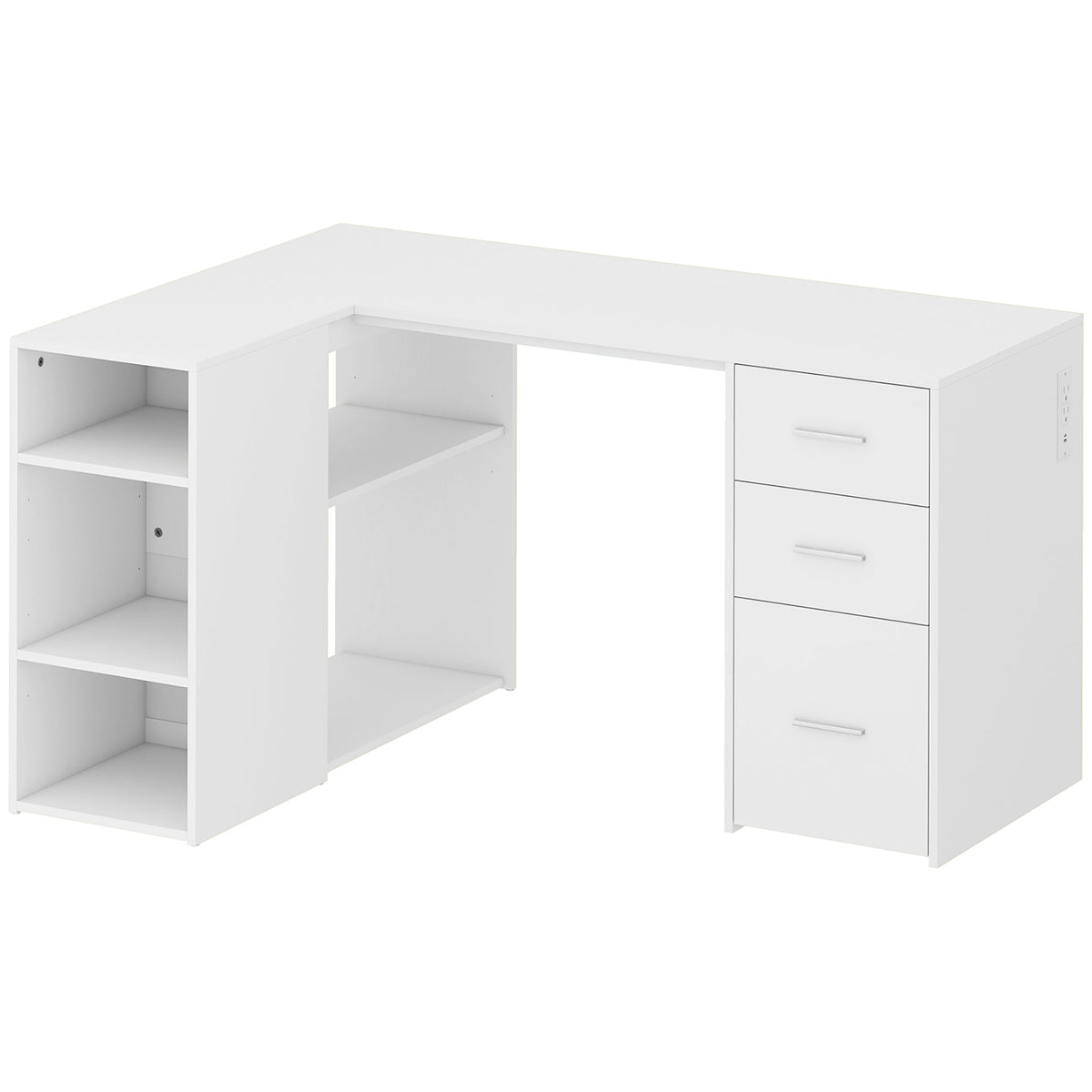 L Shaped Desk, 55" Corner Computer Desk with Power Outlets, File Drawer, 2 Drawers, Home Office Writing Table Workstation with Adjustable Storage Shelves for Study, White