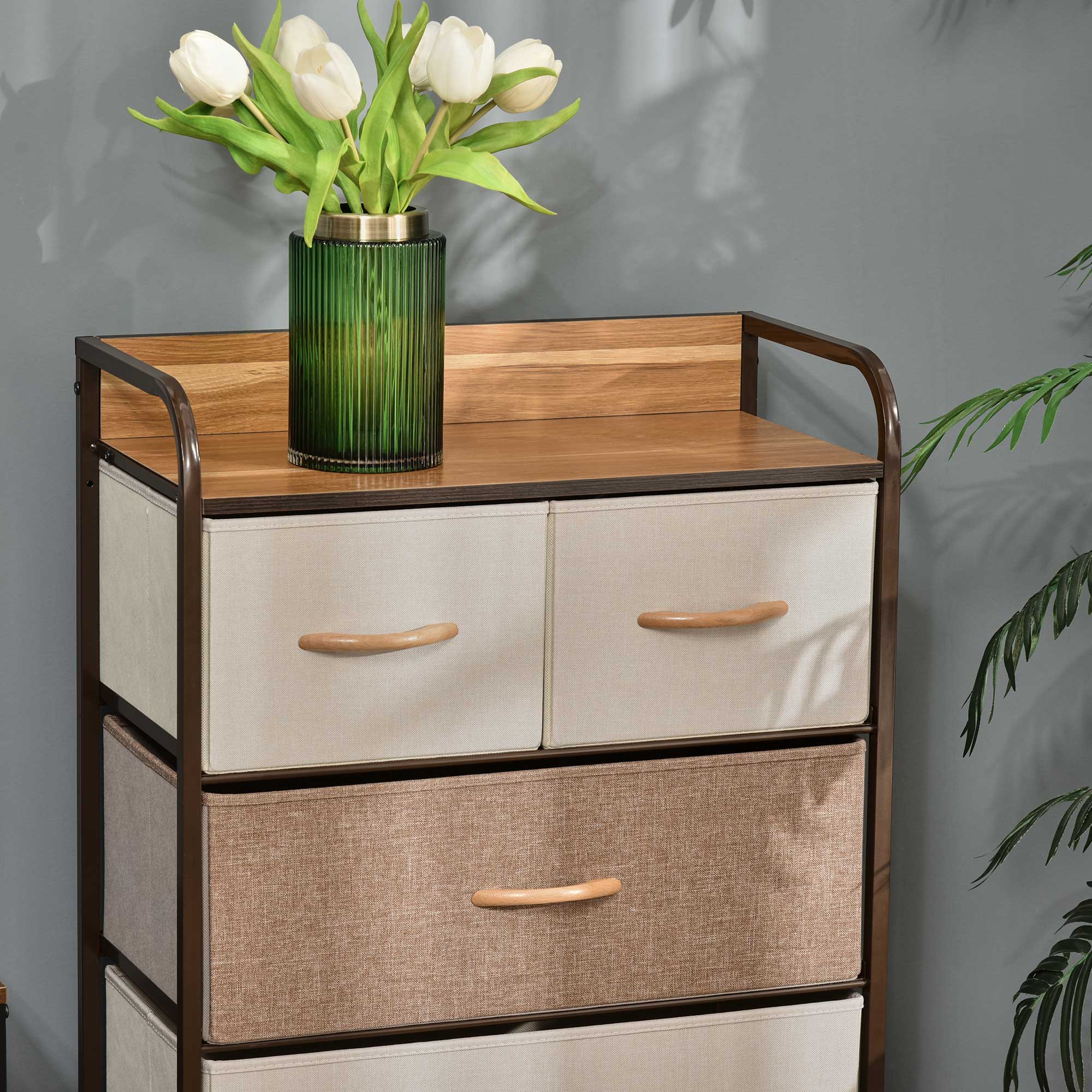 HOMCOM 5-Drawer Fabric Dresser Tower, 4-Tier Storage Organizer with Steel Frame for Hallway, Bedroom, and Closet, Maple Wood HOMCOM 5-Drawer Fabric Dresser Tower, 4-Tier Storage Organizer with Steel Frame for Hallway, Bedroom, and Closet, Maple Wood