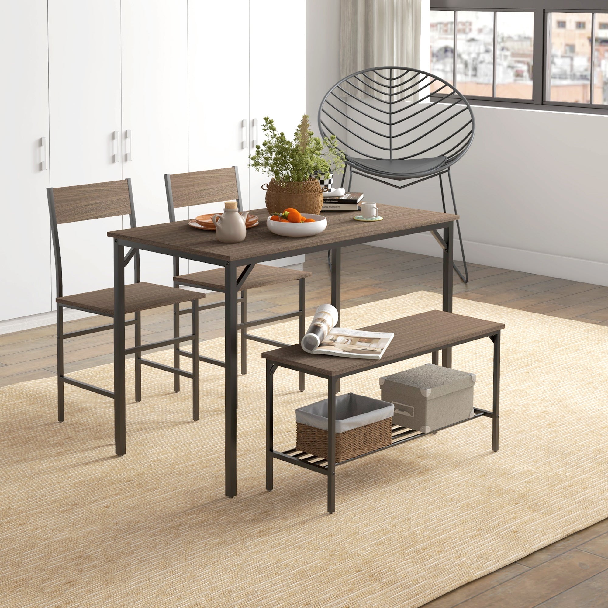 HOMCOM 4 Piece Dining Table and Chairs Set, Industrial Kitchen Table Set of 4 with 2 Chairs and Bench, Space Saving Table and Chairs with Shelf for Small Spaces, Grey