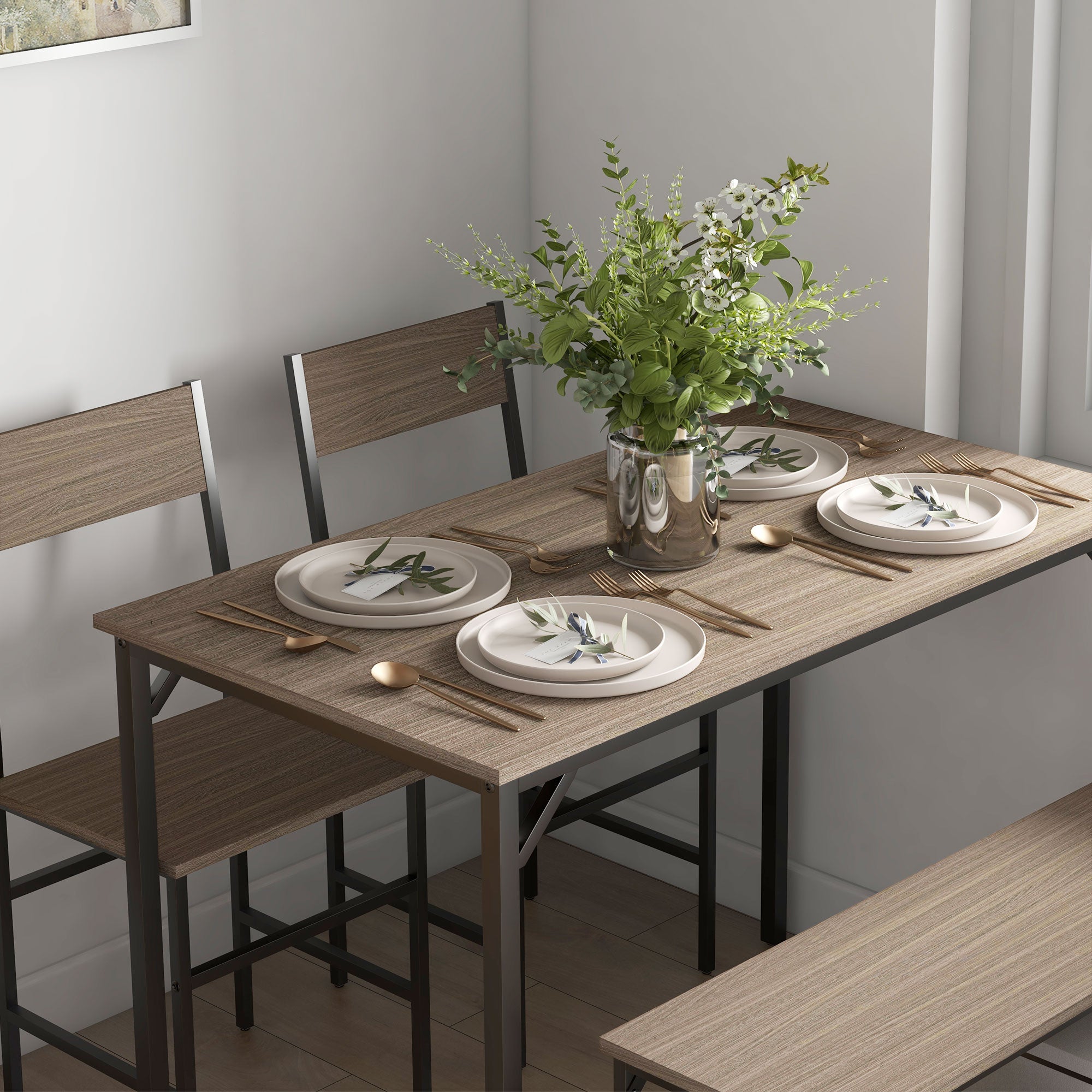 HOMCOM 4 Piece Dining Table and Chairs Set, Industrial Kitchen Table Set of 4 with 2 Chairs and Bench, Space Saving Table and Chairs with Shelf for Small Spaces, Grey