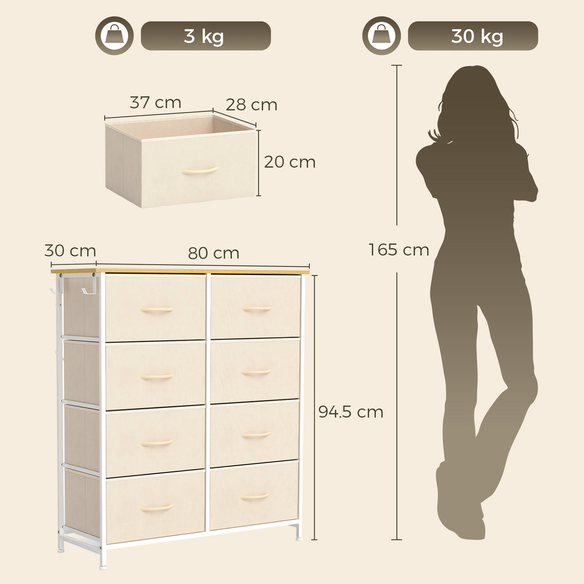 Chest of Drawers, Dresser for Bedroom with 8 Fabric Drawers, Tall Storage Unit with 4 Pockets, 2 Hooks and Steel Frame for Living Room, Hallway, Beige