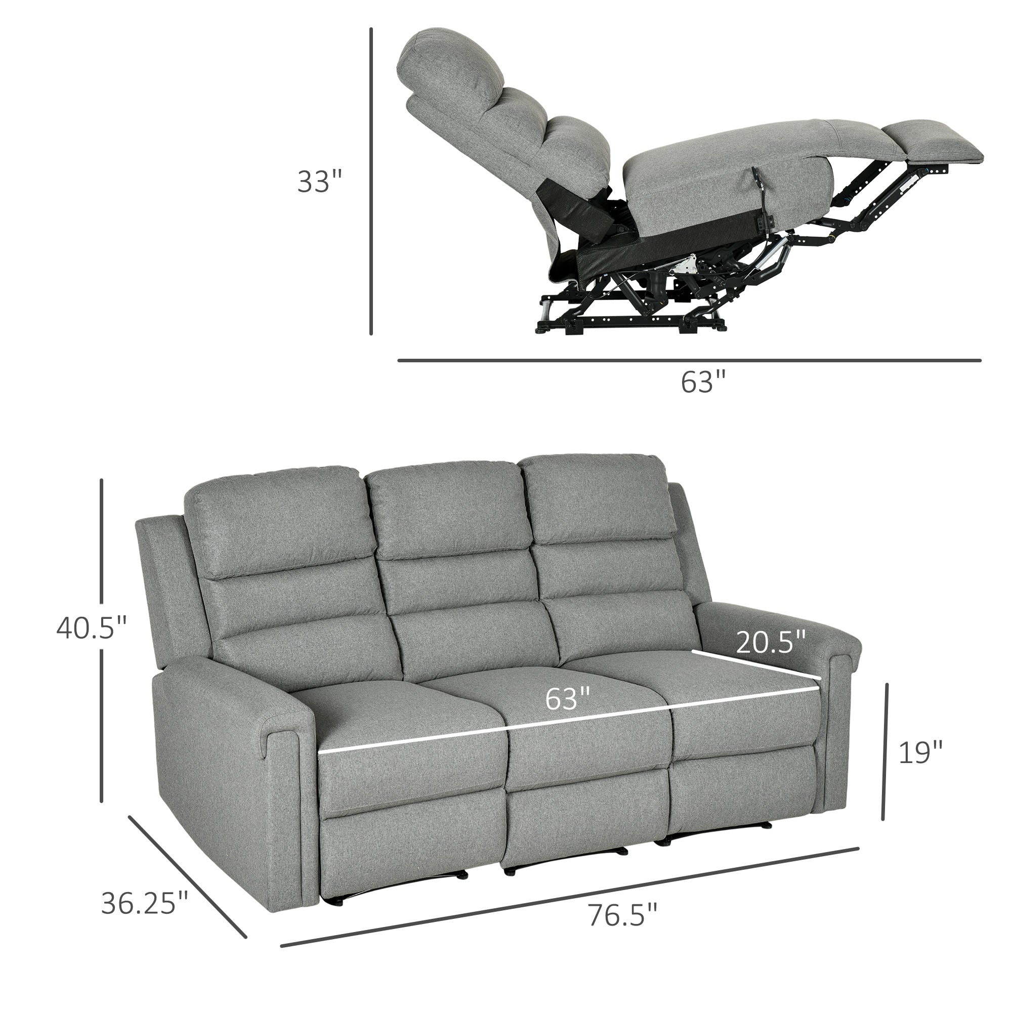 3 Seater Recliner Sofa with Manual Pull Tab Fabric Reclining Sofa RV Couch Gray