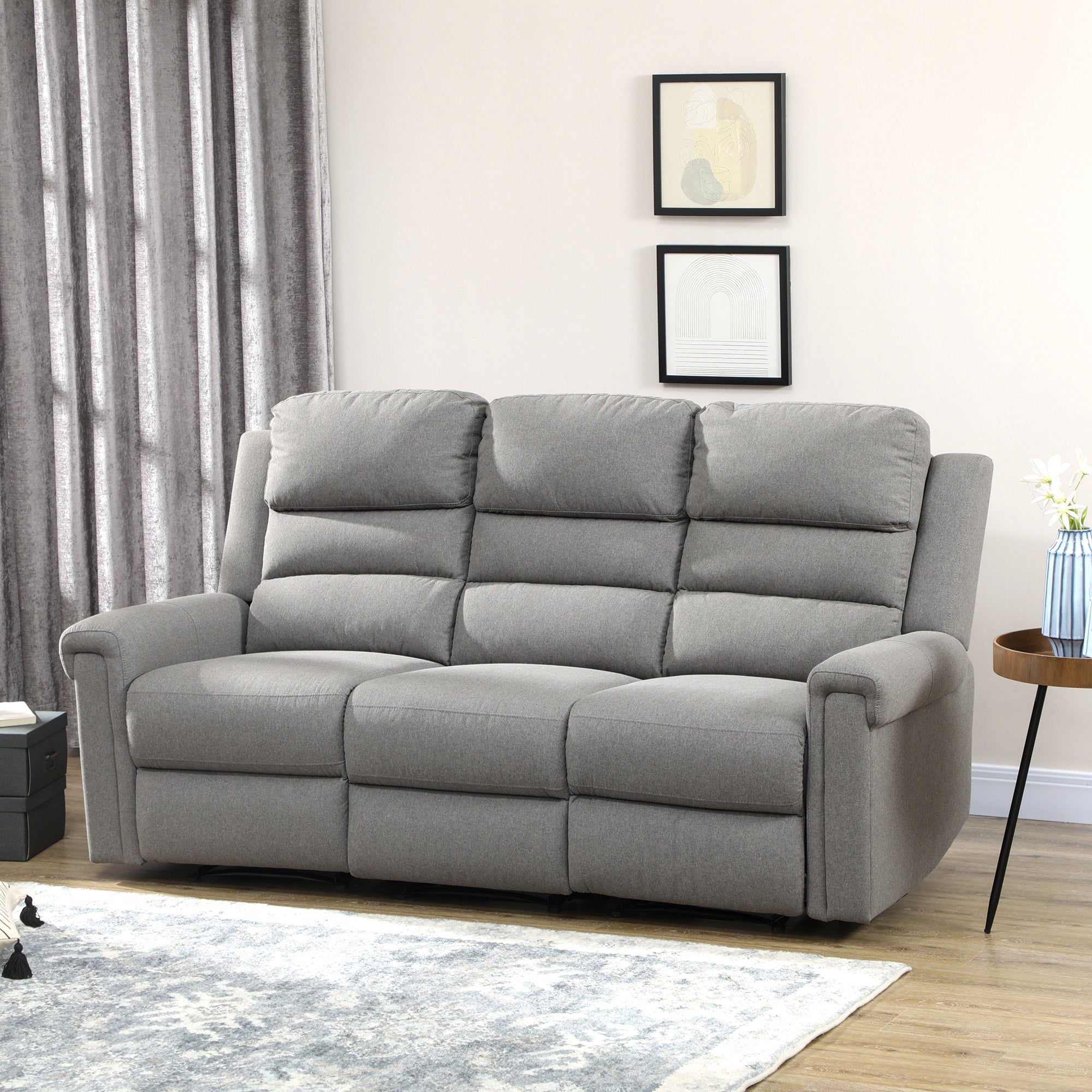 3 Seater Recliner Sofa with Manual Pull Tab Fabric Reclining Sofa RV Couch Gray