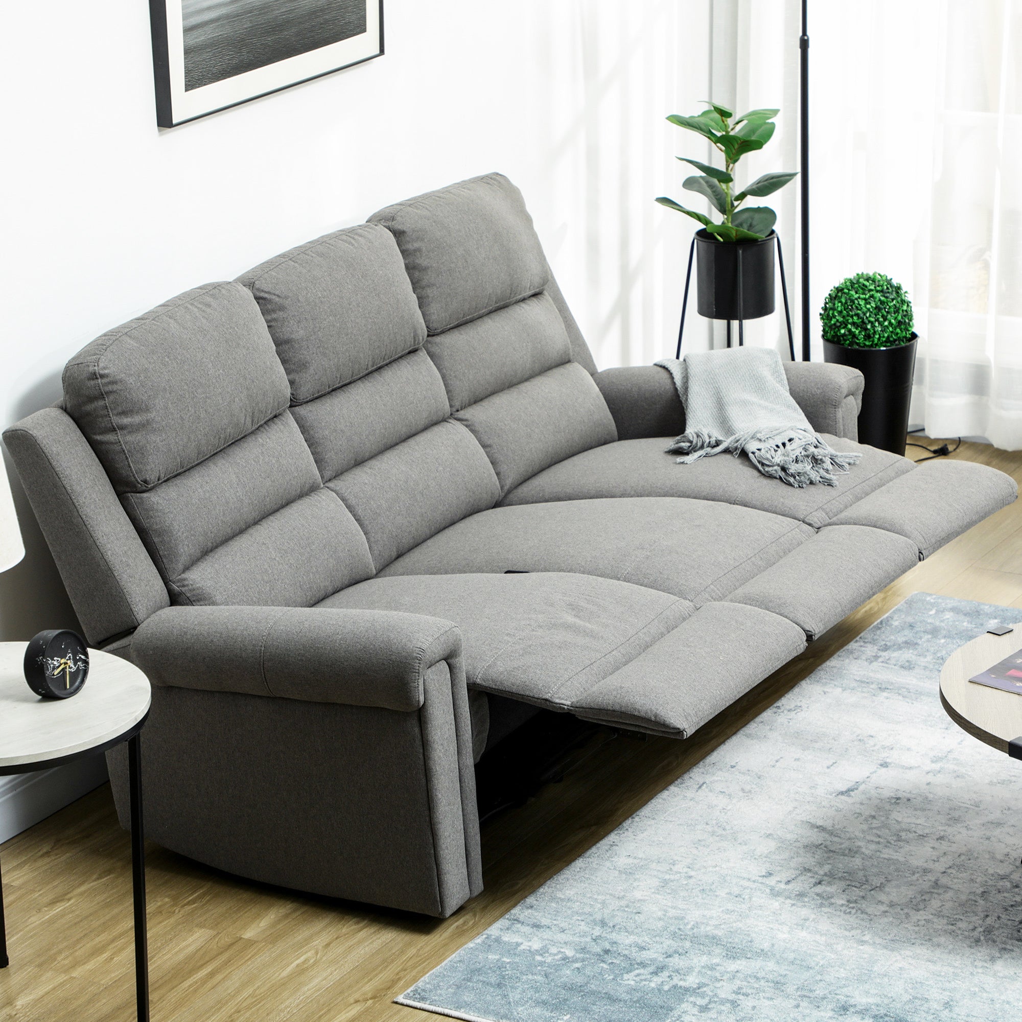 3 Seater Recliner Sofa with Manual Pull Tab Fabric Reclining Sofa RV Couch Gray