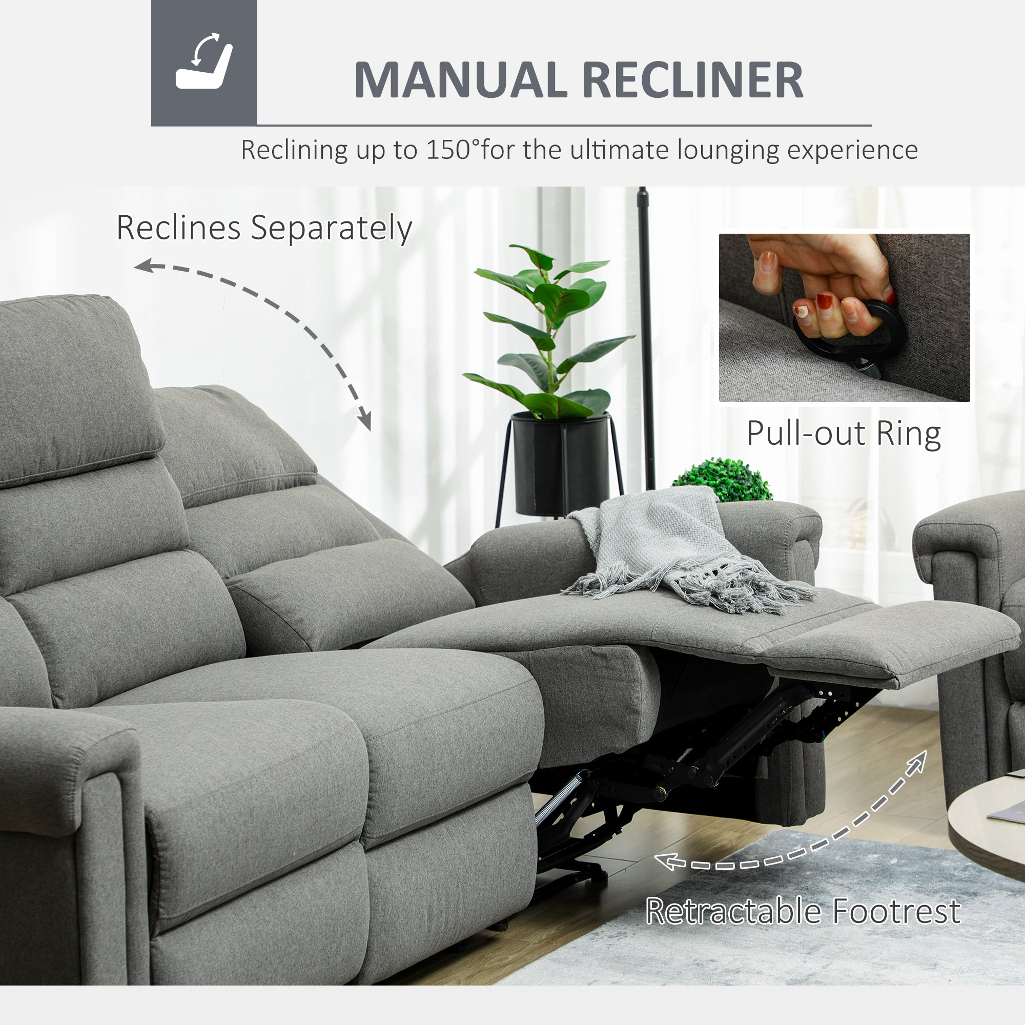 3 Seater Recliner Sofa with Manual Pull Tab Fabric Reclining Sofa RV Couch Gray