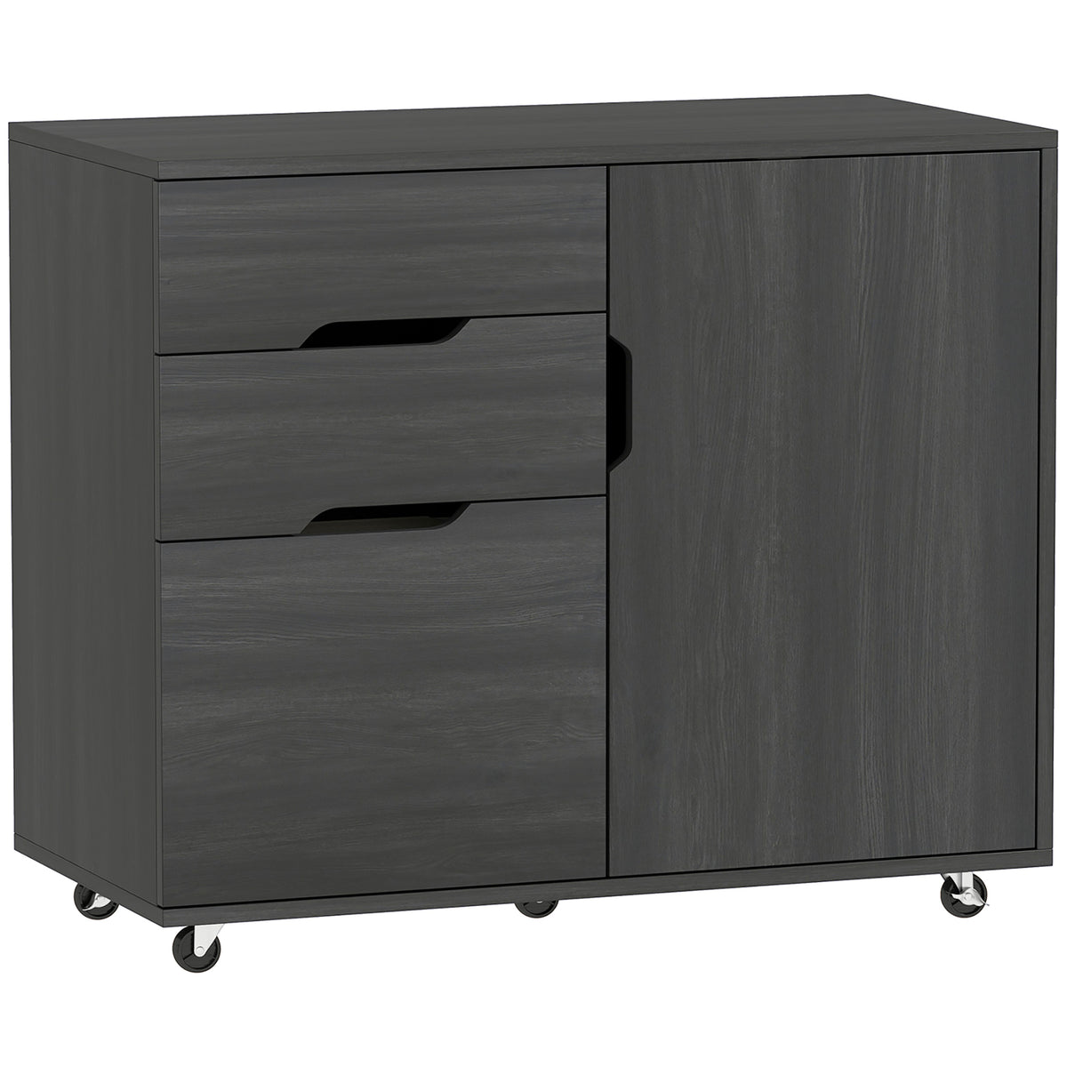 Lateral File Cabinet with Cabinet, Home Office Printer Stand, 3-Drawer Mobile Filing Cabinet, Lockable Wheels, Adjustable Shelf, for A4, Letter-Size Files, Black Wood Grain