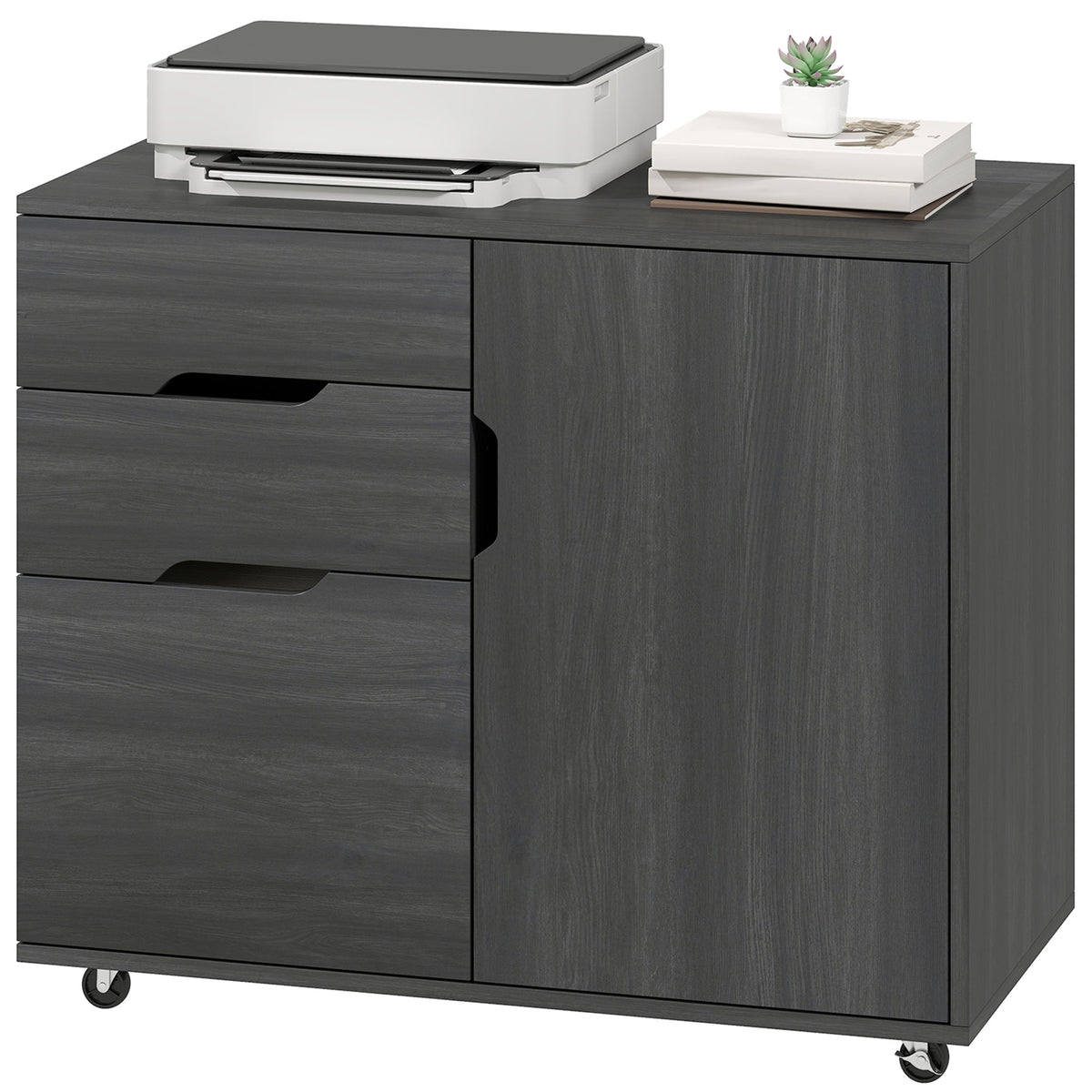Lateral File Cabinet with Cabinet, Home Office Printer Stand, 3-Drawer Mobile Filing Cabinet, Lockable Wheels, Adjustable Shelf, for A4, Letter-Size Files, Black Wood Grain