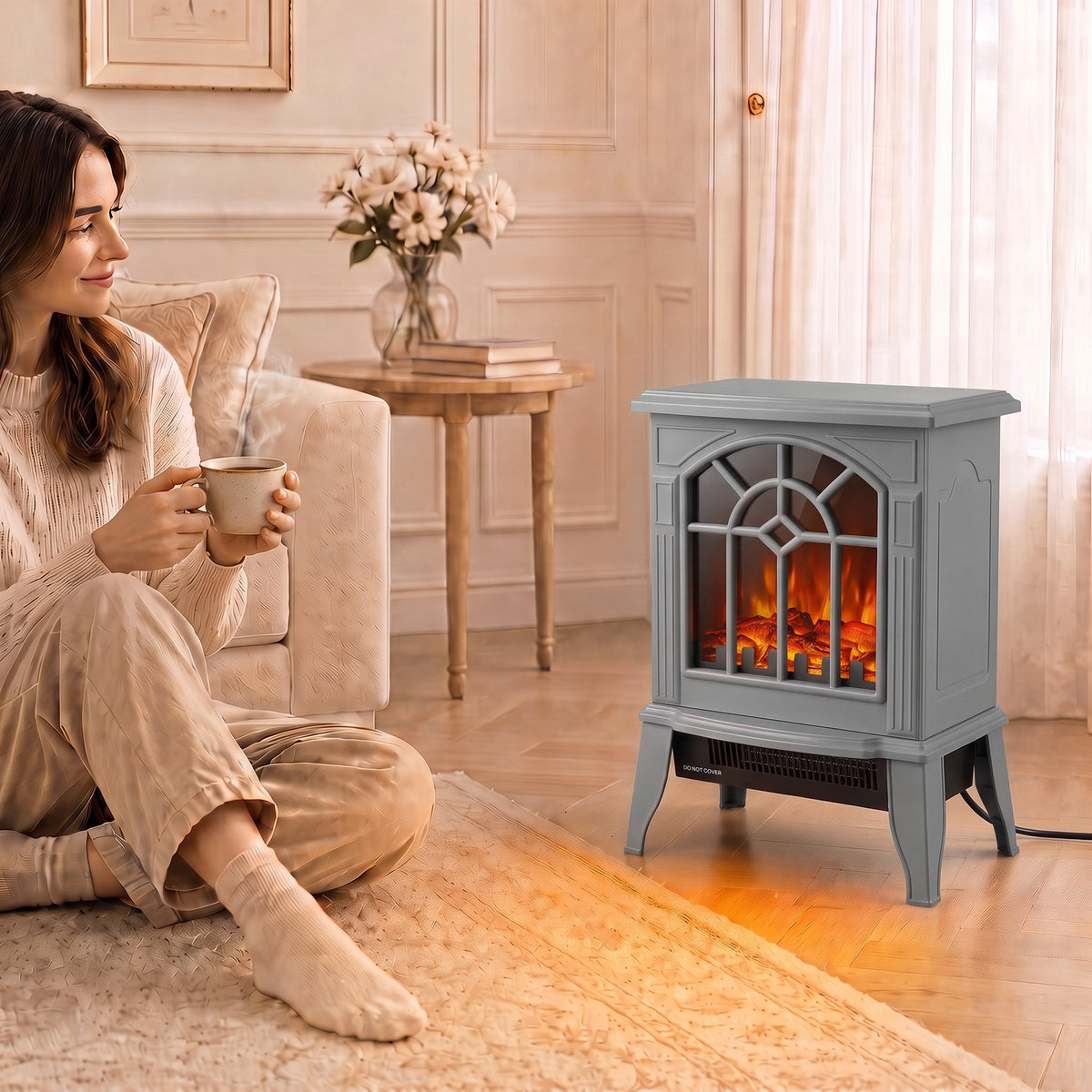 Freestanding Electric Fireplace, Electric Log Burner with LED Flame Effect, Overheating Safety System, 1000W/2000W, Grey