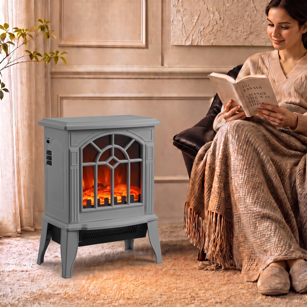 Freestanding Electric Fireplace, Electric Log Burner with LED Flame Effect, Overheating Safety System, 1000W/2000W, Grey