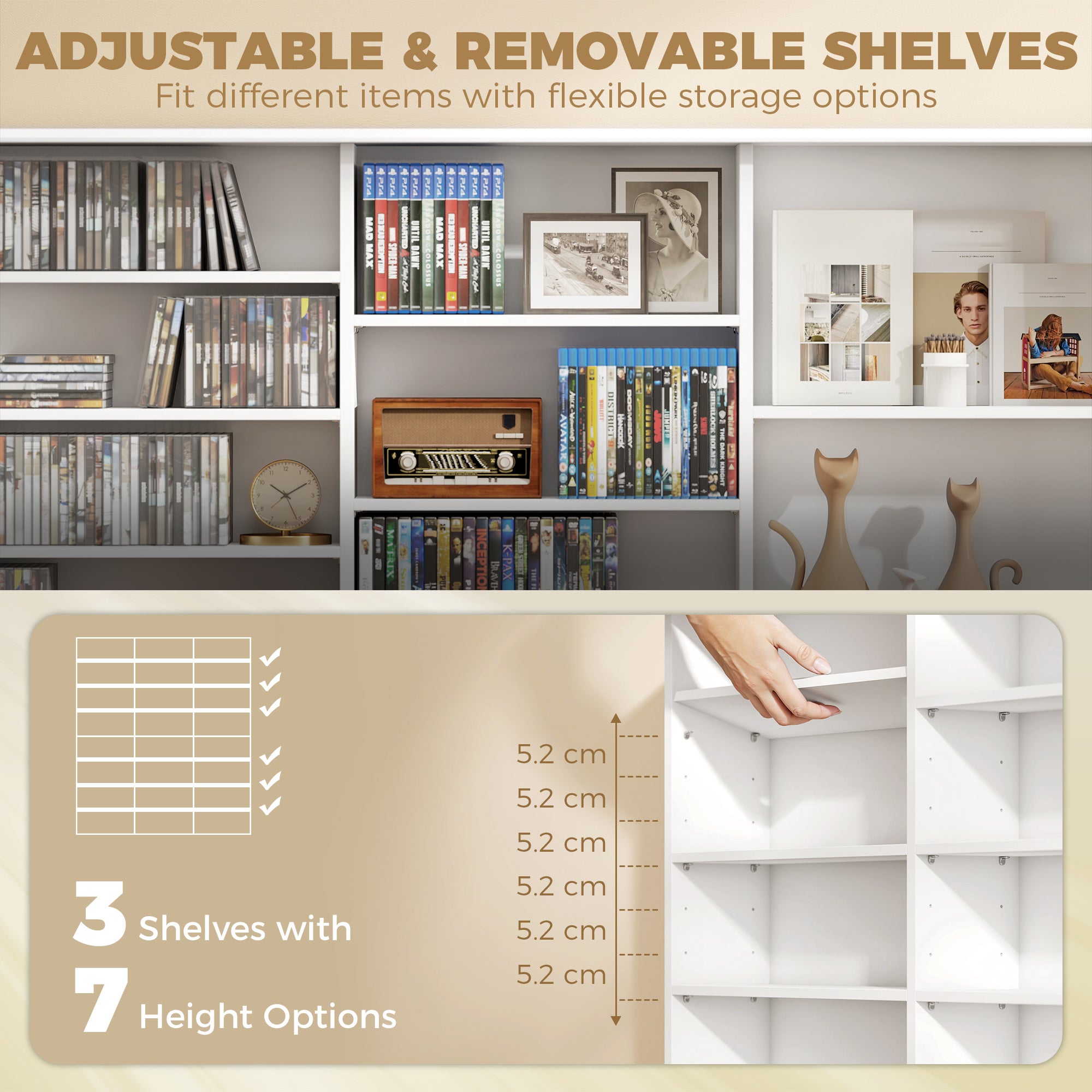 1032 CD/594 DVD Storage Unit, Blu-ray Media Storage Shelf with 24 Compartments and 18 Adjustable Shelves, CD Tower for Living Room, Bedroom, Office, White