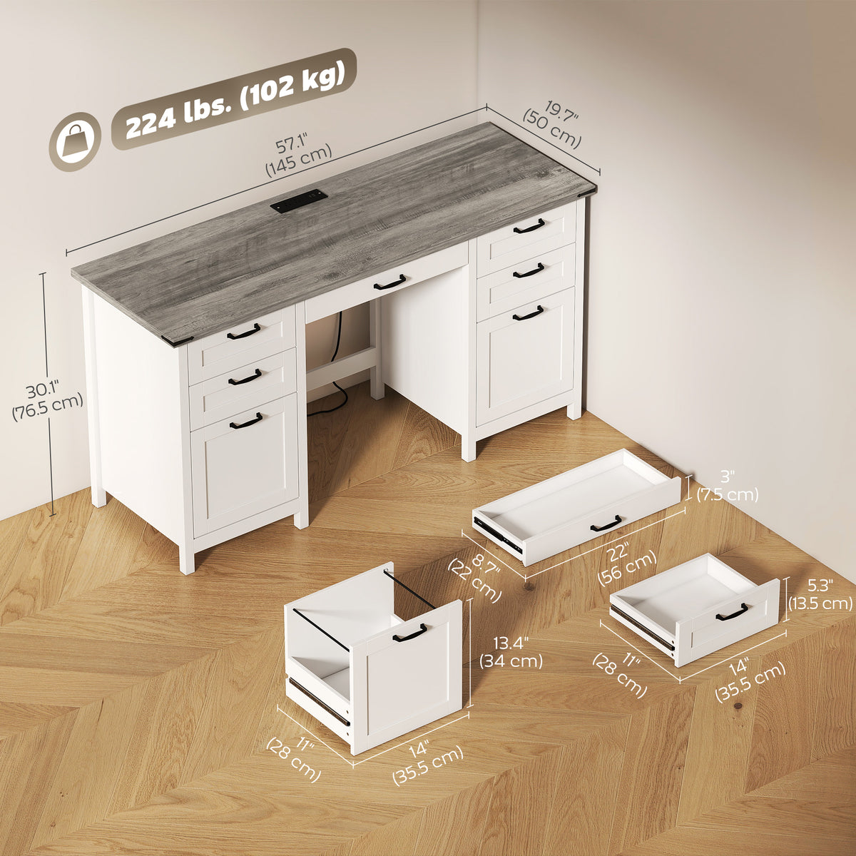 Farmhouse 57" Executive Desk with 7 Drawers, Computer Desk with Power Outlets & USB Charging, Hanging Bar for A4 and Letter, Home Office, Study, Grey Brown and White