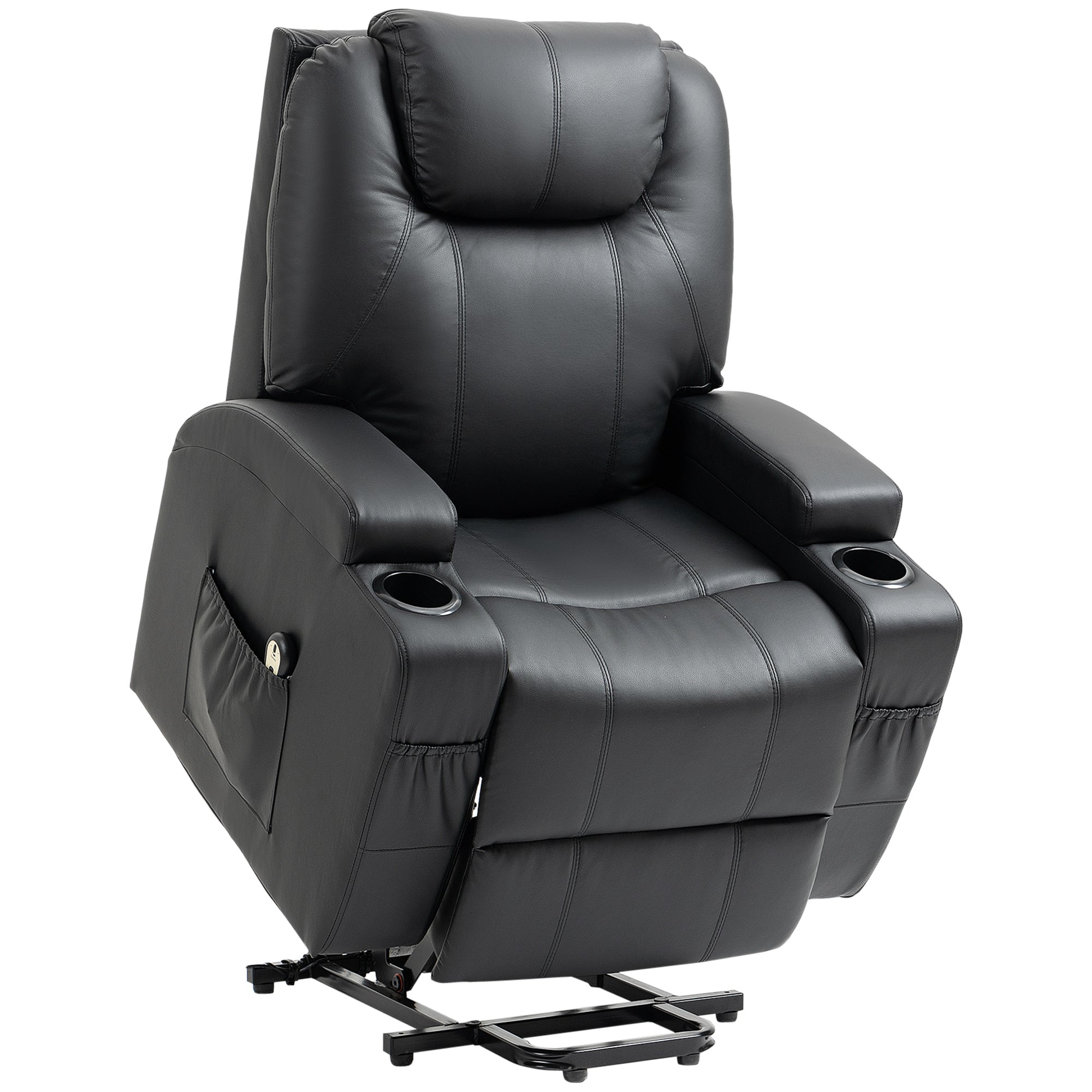 HOMCOM Power Lift Chair for Elderly, PU Leather Recliner Sofa Chair with Footrest, Remote Control, Side Pockets and Cup Holders, Black