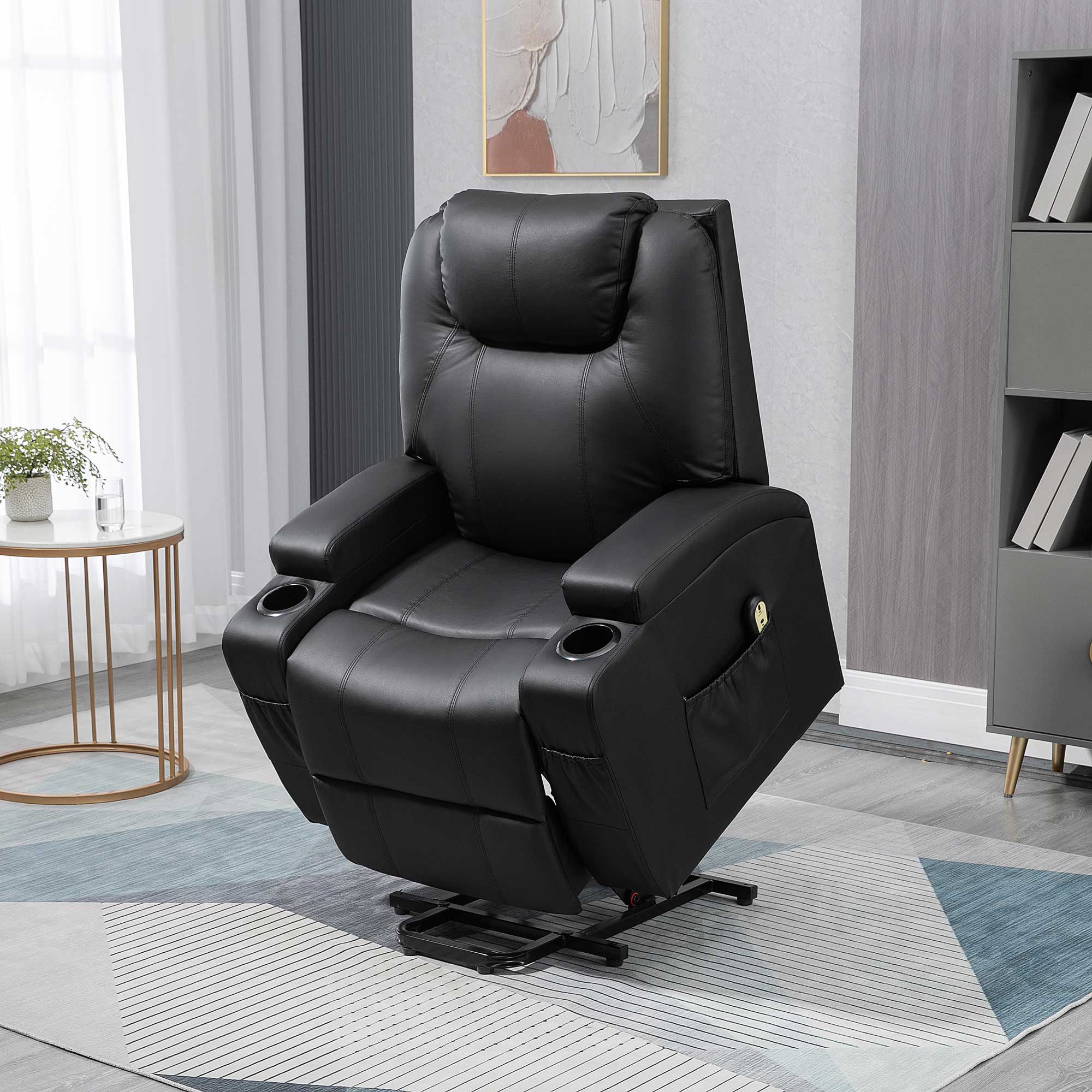 HOMCOM Power Lift Chair for Elderly, PU Leather Recliner Sofa Chair with Footrest, Remote Control, Side Pockets and Cup Holders, Black