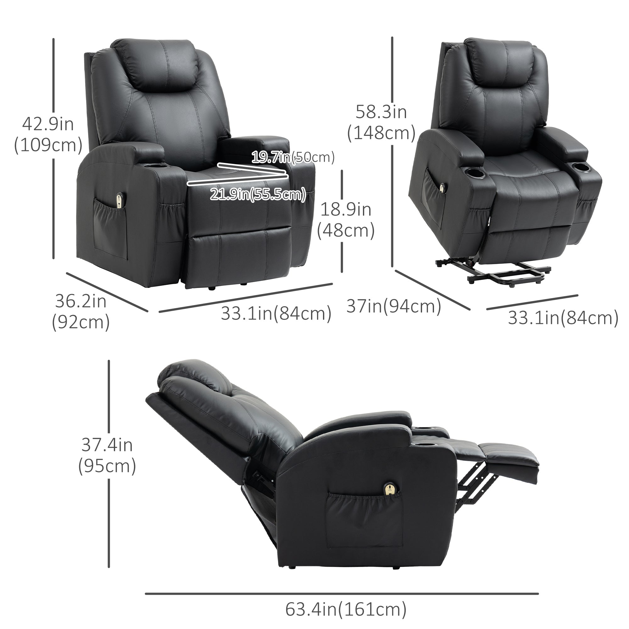 HOMCOM Power Lift Chair for Elderly, PU Leather Recliner Sofa Chair with Footrest, Remote Control, Side Pockets and Cup Holders, Black