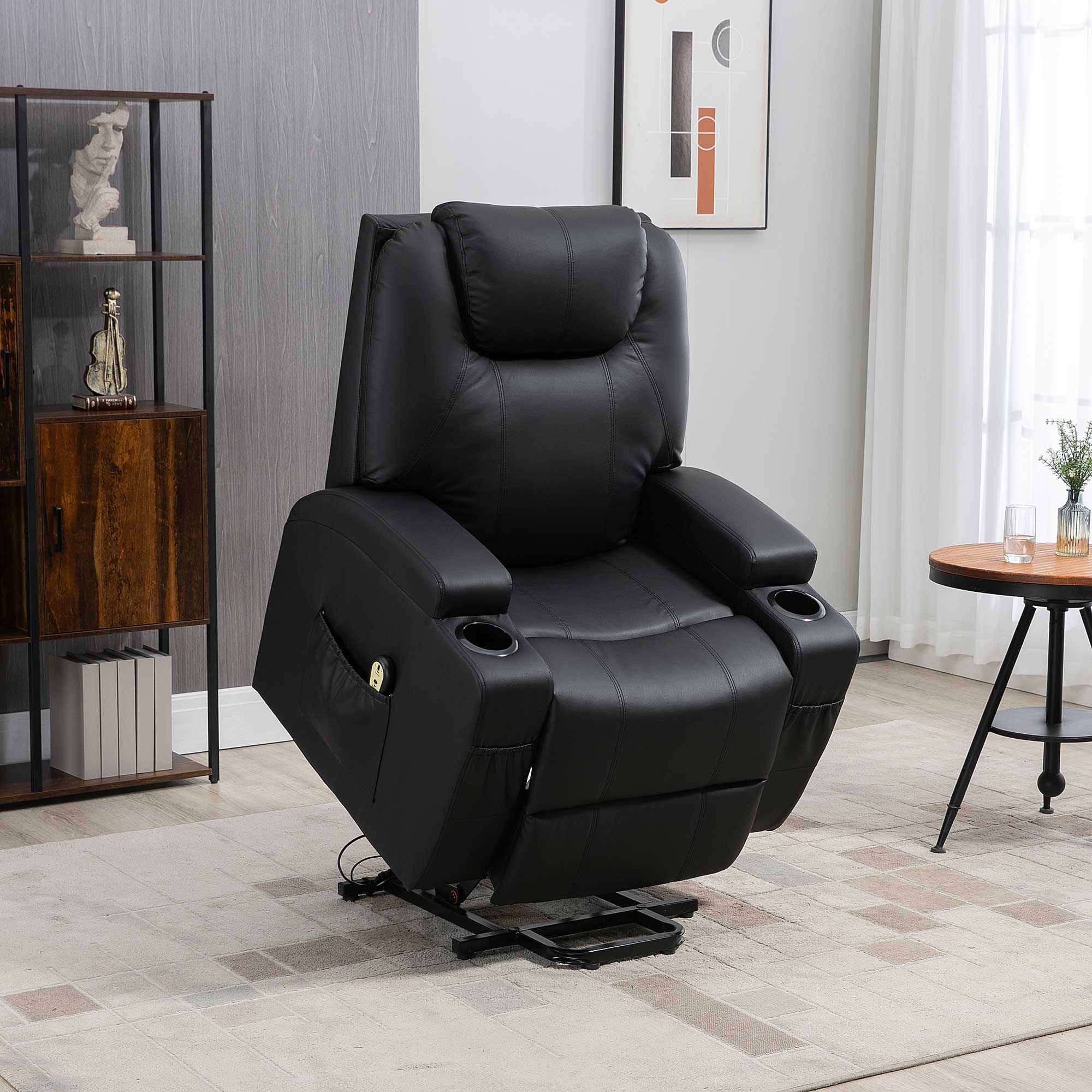 HOMCOM Power Lift Chair for Elderly, PU Leather Recliner Sofa Chair with Footrest, Remote Control, Side Pockets and Cup Holders, Black