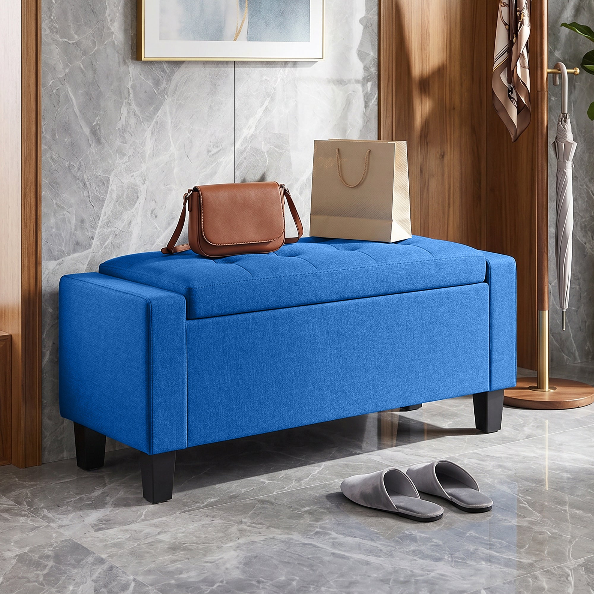 36.6" Tufted Fabric Rectangular Storage Ottoman, Sitting Bench with Armrests and Wooden Legs, Holds up to 528 lbs, for Entryway, Living Room, Bedroom, Blue