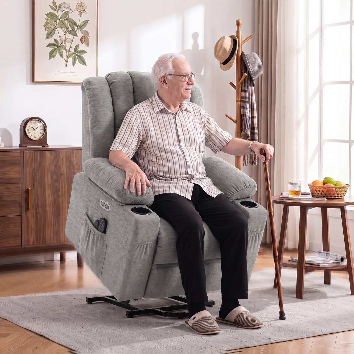 Oversized Riser Recliner Chair with Vibration Massage and Heat, Electric Power Lift Recliner for Elderly w/ Wide Seat and Back, Spring Cushion, USB Port, Side Pockets, Chenille Armchair, Grey