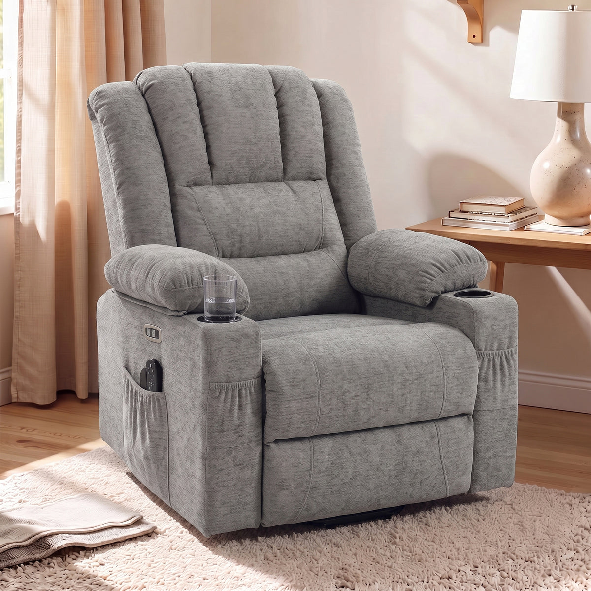 Oversized Riser Recliner Chair with Vibration Massage and Heat, Electric Power Lift Recliner for Elderly w/ Wide Seat and Back, Spring Cushion, USB Port, Side Pockets, Chenille Armchair, Grey
