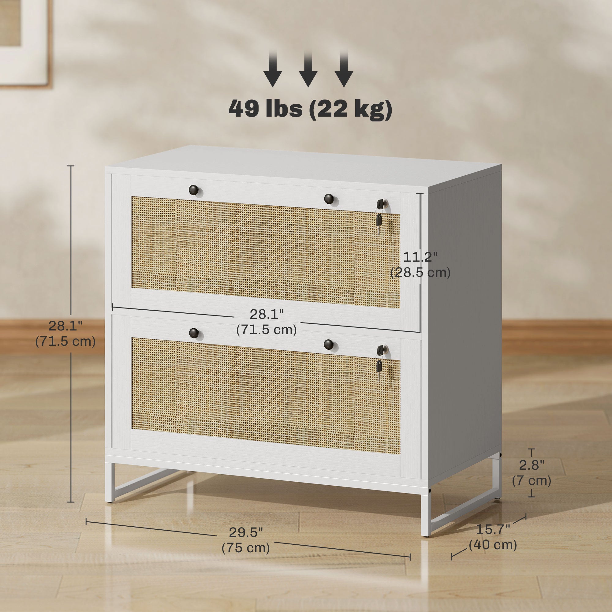 Vinsetto 2-Drawer Filing Cabinet with Lock, Rattan File Cabinet with Adjustable Hanging Bar for Letters, A4 and Legal Size Papers, White