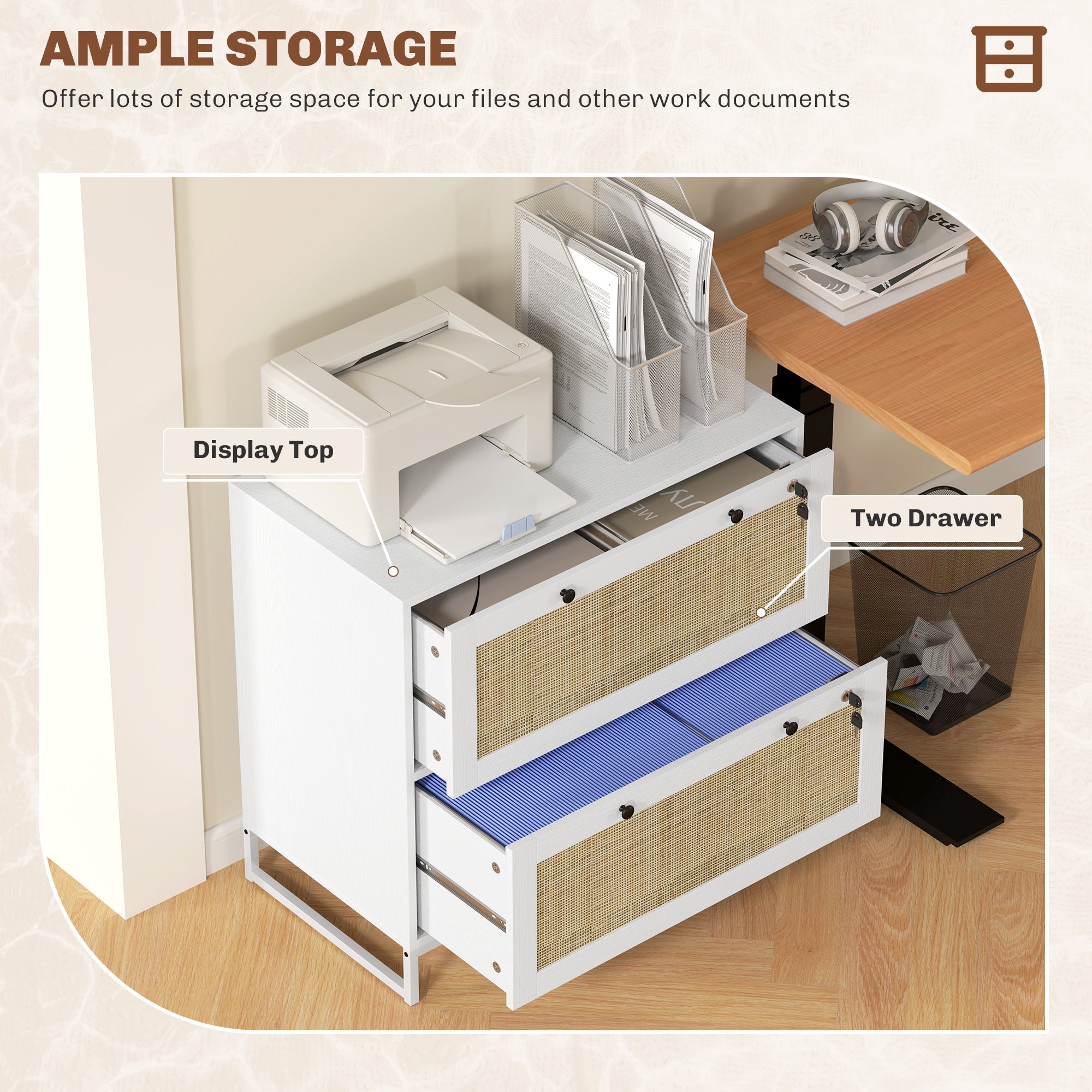 Vinsetto 2-Drawer Filing Cabinet with Lock, Rattan File Cabinet with Adjustable Hanging Bar for Letters, A4 and Legal Size Papers, White