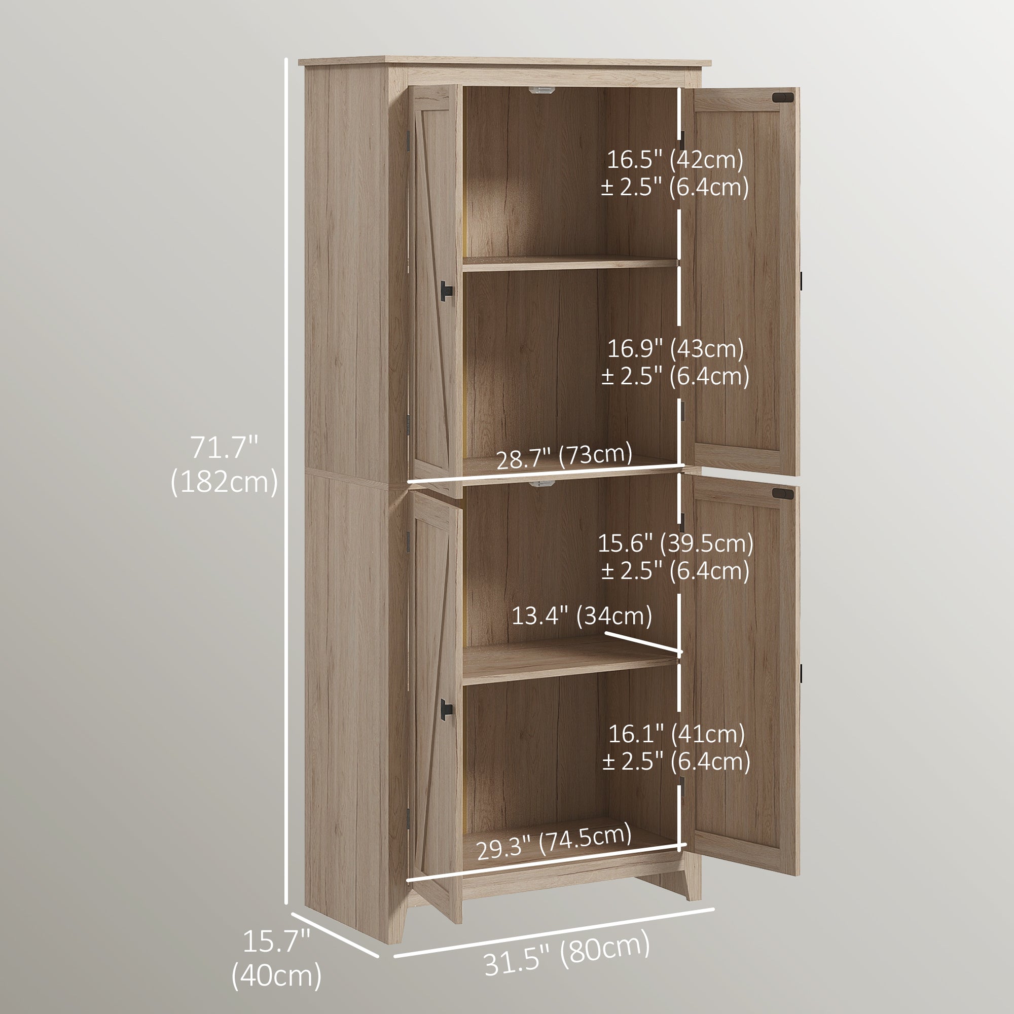 HOMCOM 72" Farmhouse Kitchen Pantry Cabinet, Kitchen Pantry Storage Cabinet with 4 Barn Doors and Adjustable Shelves, Natural