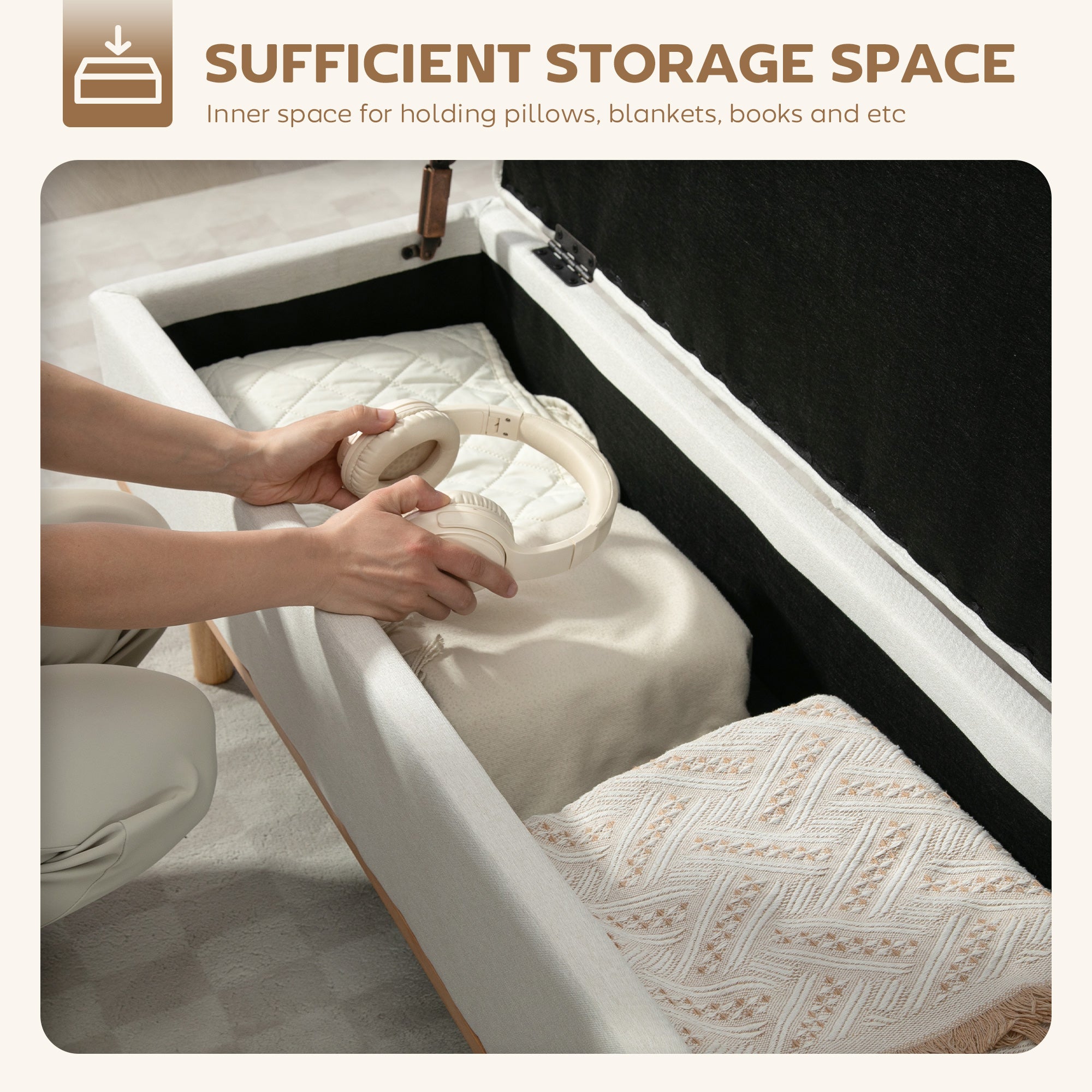 Storage Ottoman Bench, Foot Rest with Lift-Up Lid and Wood Legs, End of Bed Bench, Linen Storage Chest for Living Room, Bedroom, Entryway, 46.5" x 16.5" x 17.7", Cream White