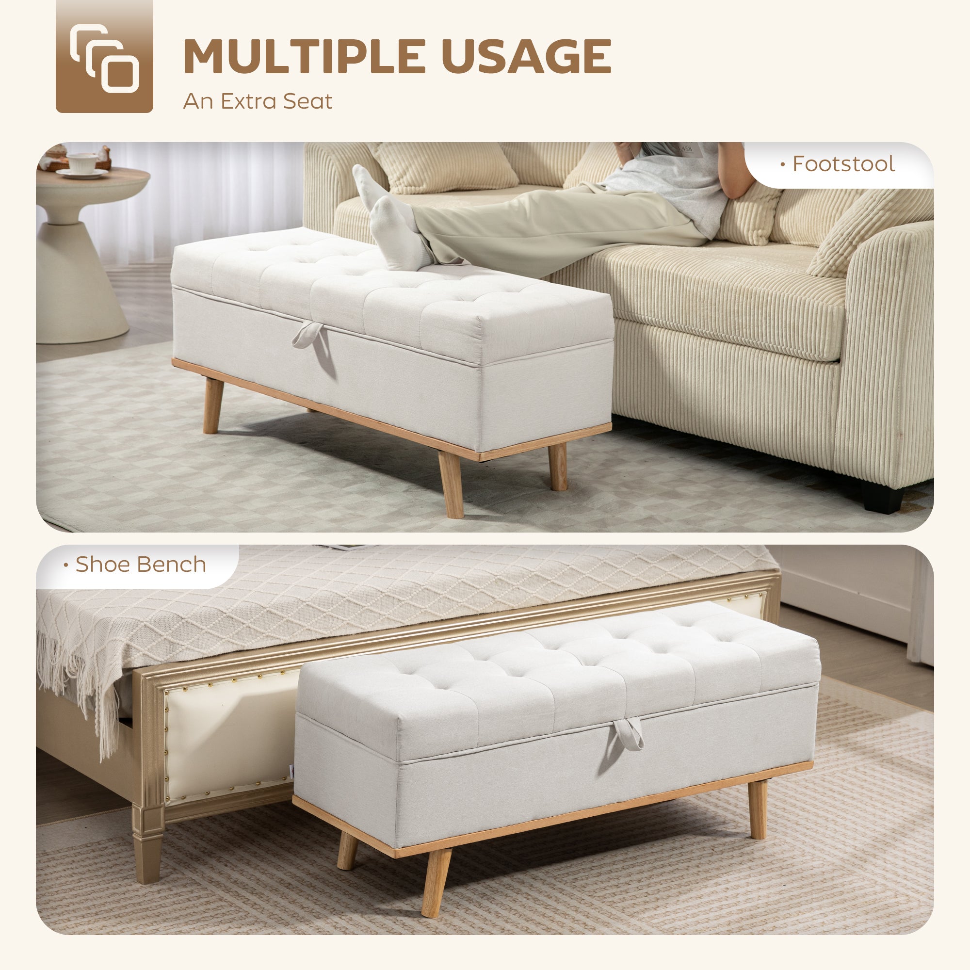 Storage Ottoman Bench, Foot Rest with Lift-Up Lid and Wood Legs, End of Bed Bench, Linen Storage Chest for Living Room, Bedroom, Entryway, 46.5" x 16.5" x 17.7", Cream White