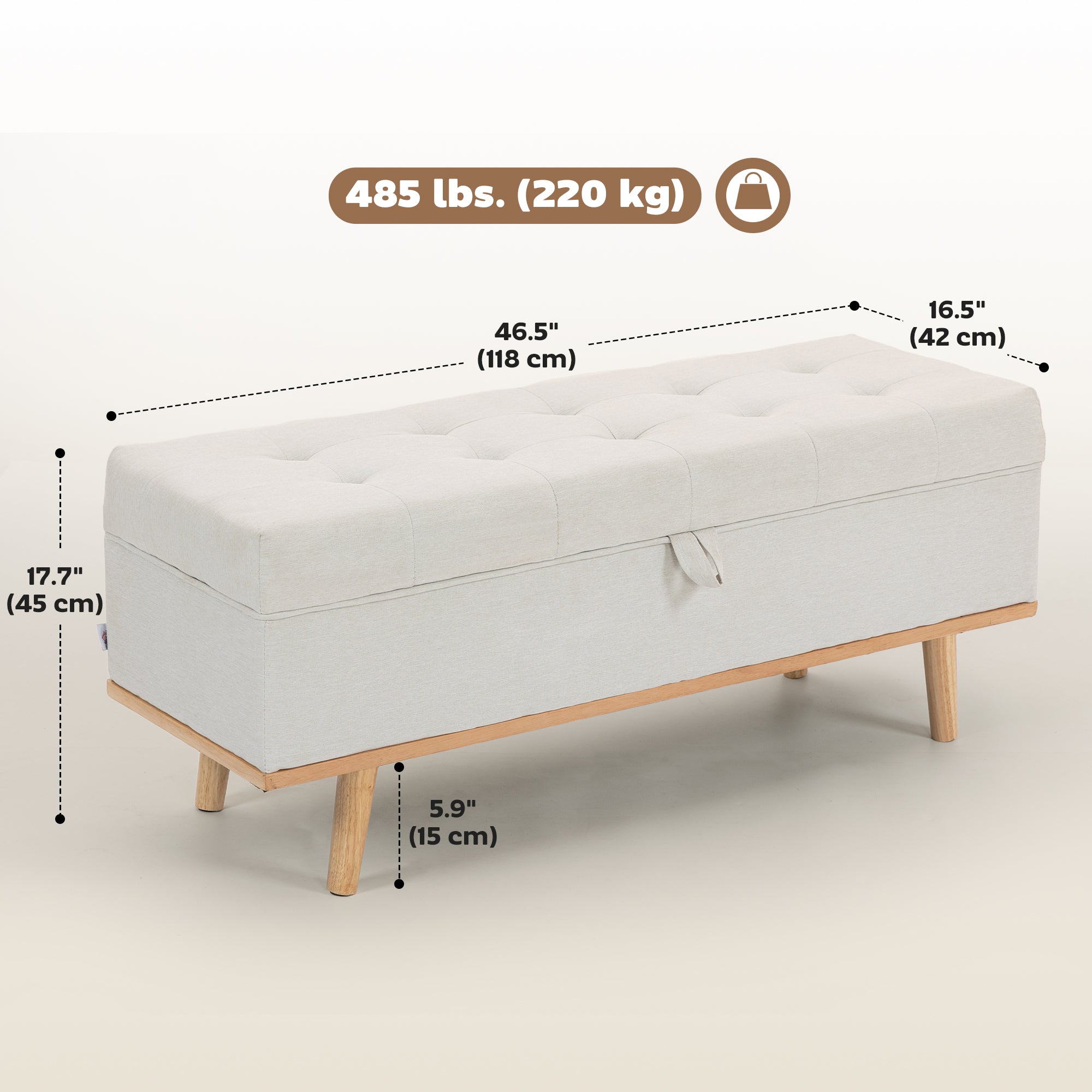 Storage Ottoman Bench, Foot Rest with Lift-Up Lid and Wood Legs, End of Bed Bench, Linen Storage Chest for Living Room, Bedroom, Entryway, 46.5" x 16.5" x 17.7", Cream White