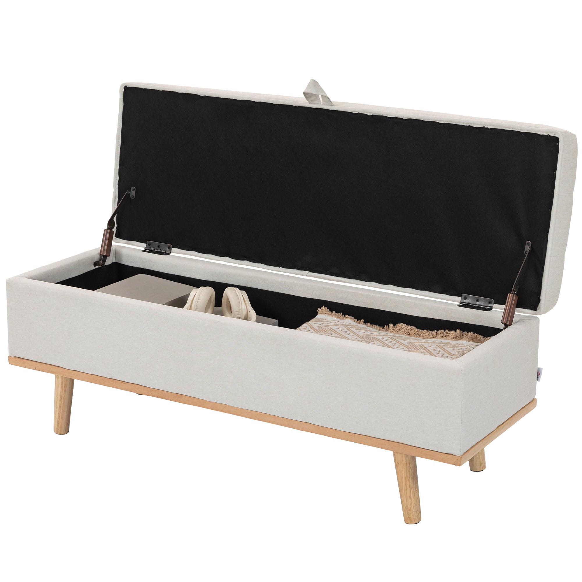 Storage Ottoman Bench, Foot Rest with Lift-Up Lid and Wood Legs, End of Bed Bench, Linen Storage Chest for Living Room, Bedroom, Entryway, 46.5" x 16.5" x 17.7", Cream White