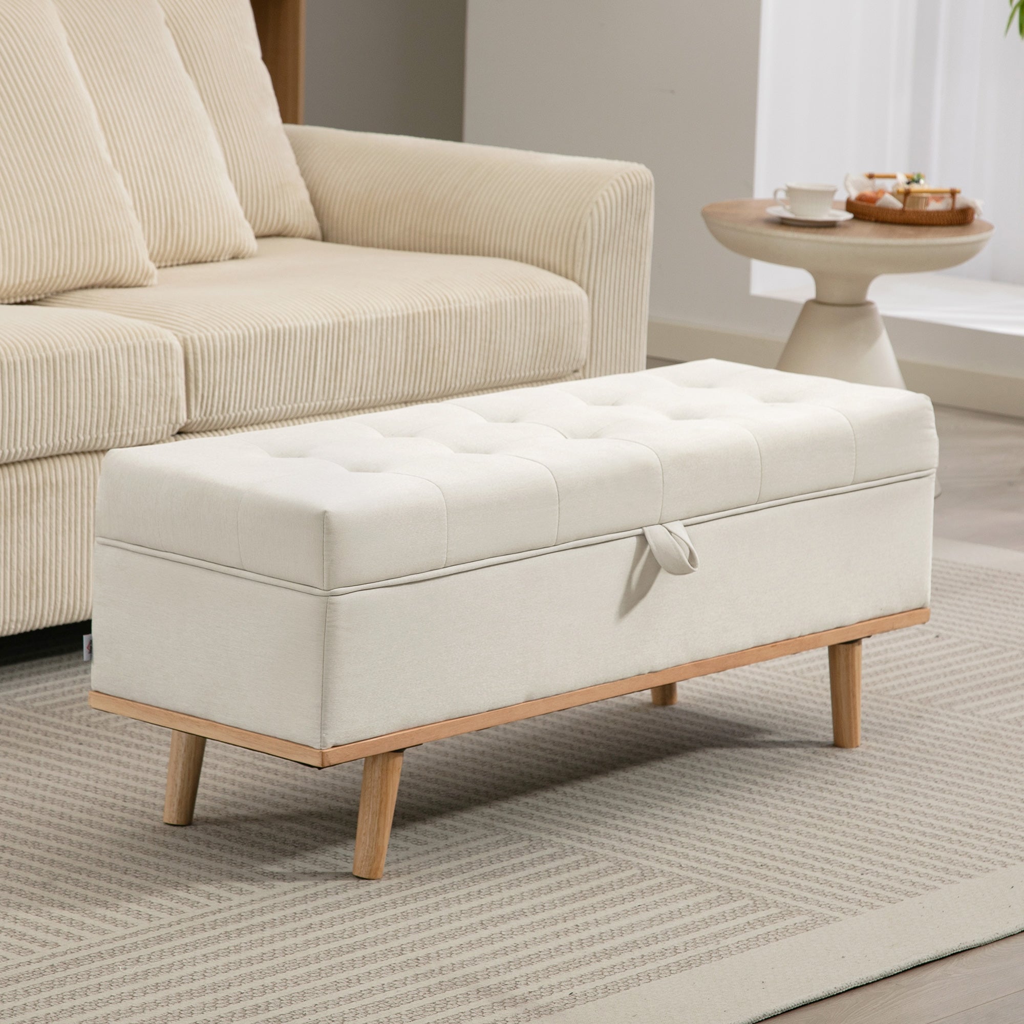 Storage Ottoman Bench, Foot Rest with Lift-Up Lid and Wood Legs, End of Bed Bench, Linen Storage Chest for Living Room, Bedroom, Entryway, 46.5" x 16.5" x 17.7", Cream White