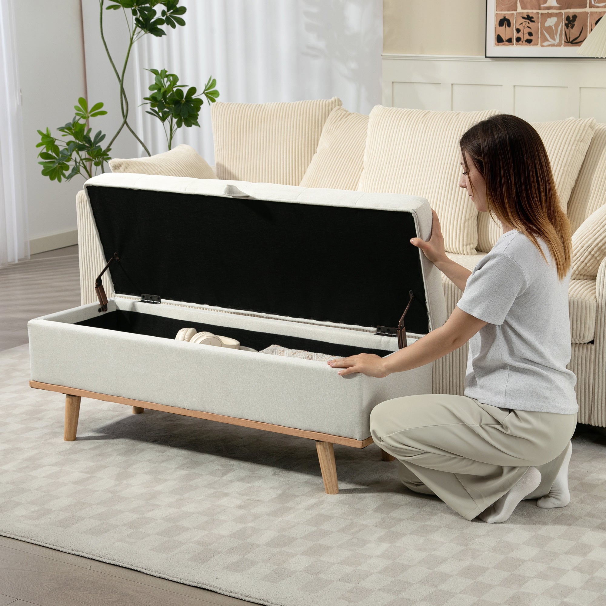 Storage Ottoman Bench, Foot Rest with Lift-Up Lid and Wood Legs, End of Bed Bench, Linen Storage Chest for Living Room, Bedroom, Entryway, 46.5" x 16.5" x 17.7", Cream White