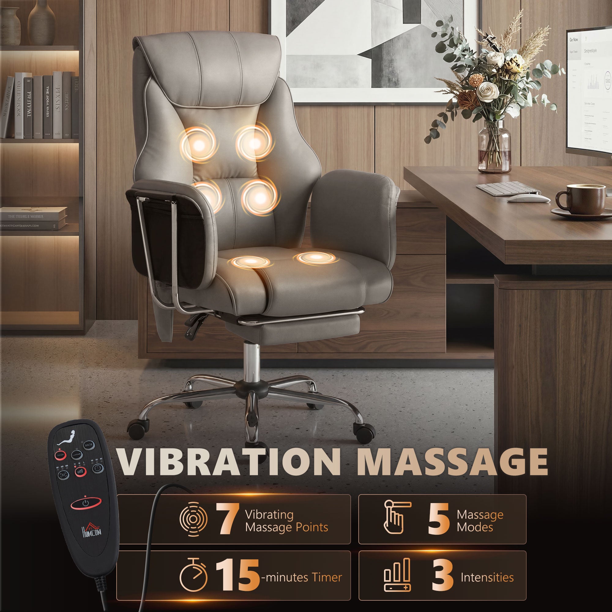 Massage Office Chair with 6-Point Vibration, Overstuffed Reclining Desk Chair with High Back, PU Leather, Footrest, Thick Spring Cushion, Lumbar Support, Adjustable Height, Swivel Wheels, Gray