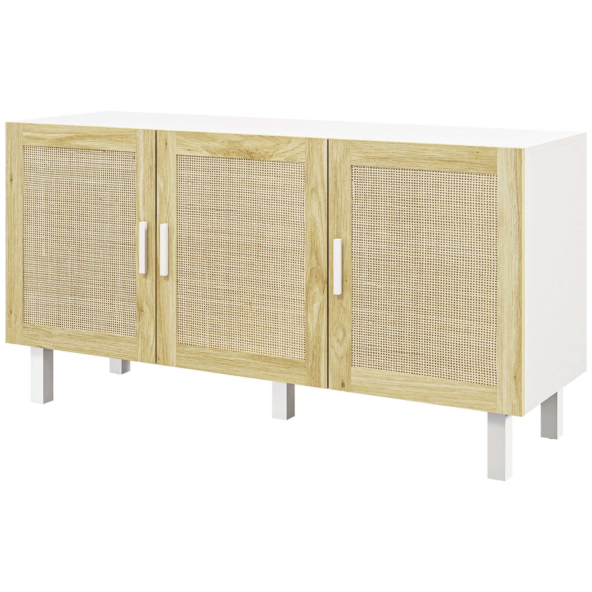 Boho Kitchen Cabinet, Buffet Cabinet with 3 Rattan Doors and Adjustable Shelves for Dining Room, White and Natural