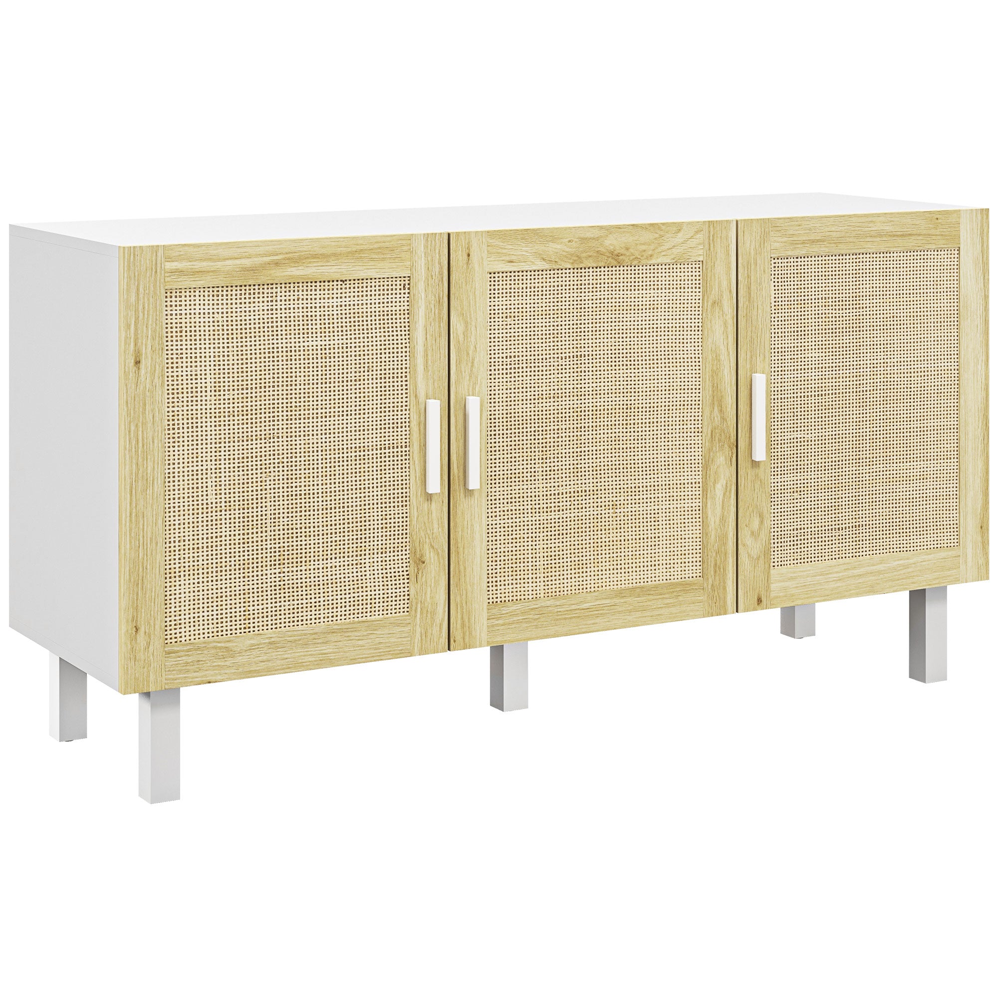 Boho Kitchen Cabinet, Buffet Cabinet with 3 Rattan Doors and Adjustable Shelves for Dining Room, White and Natural