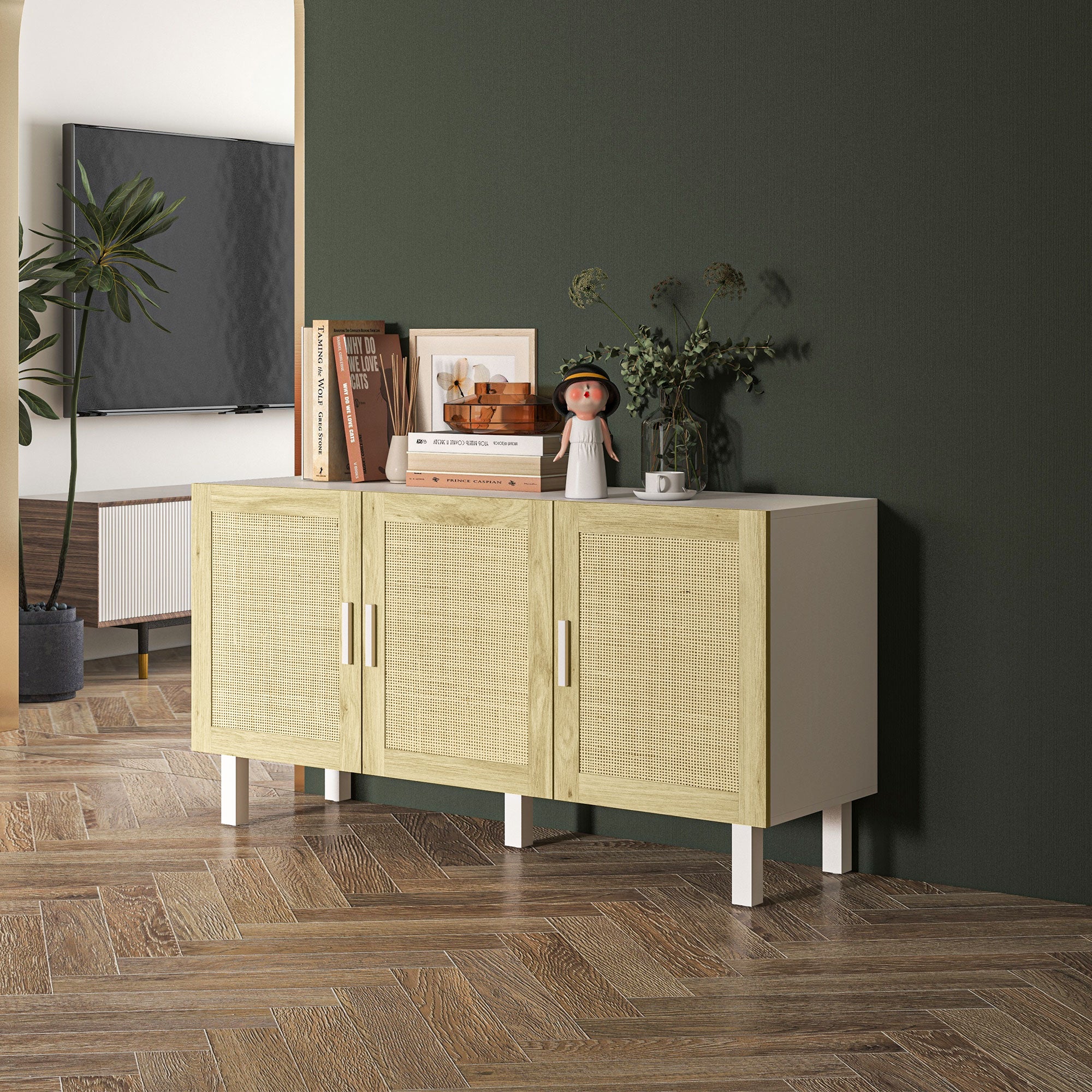 Boho Kitchen Cabinet, Buffet Cabinet with 3 Rattan Doors and Adjustable Shelves for Dining Room, White and Natural