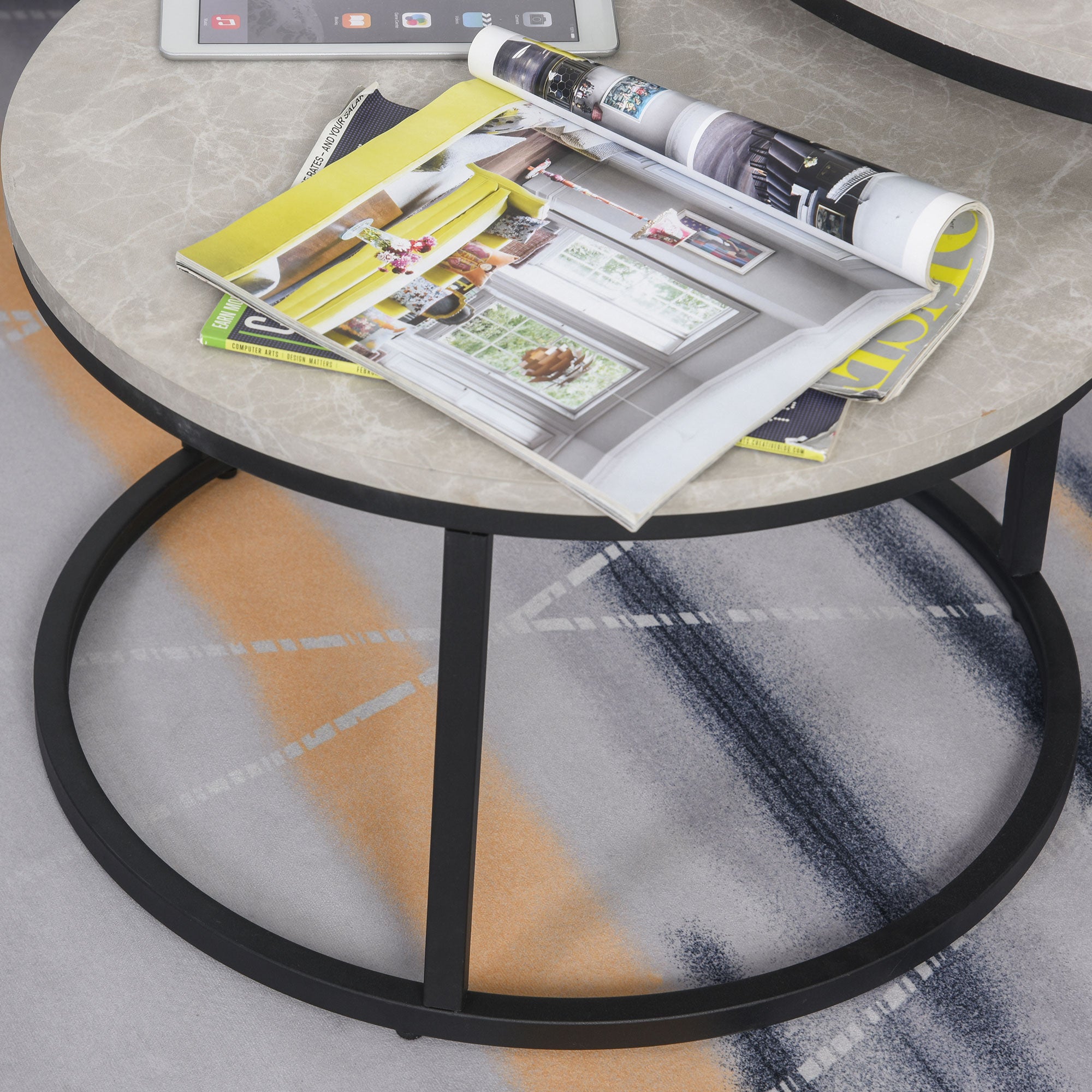 HOMCOM Nest of Tables, Round Coffee Table Set of 2,  Coffee Tables with Steel Frame for Living Room, Marble Grey