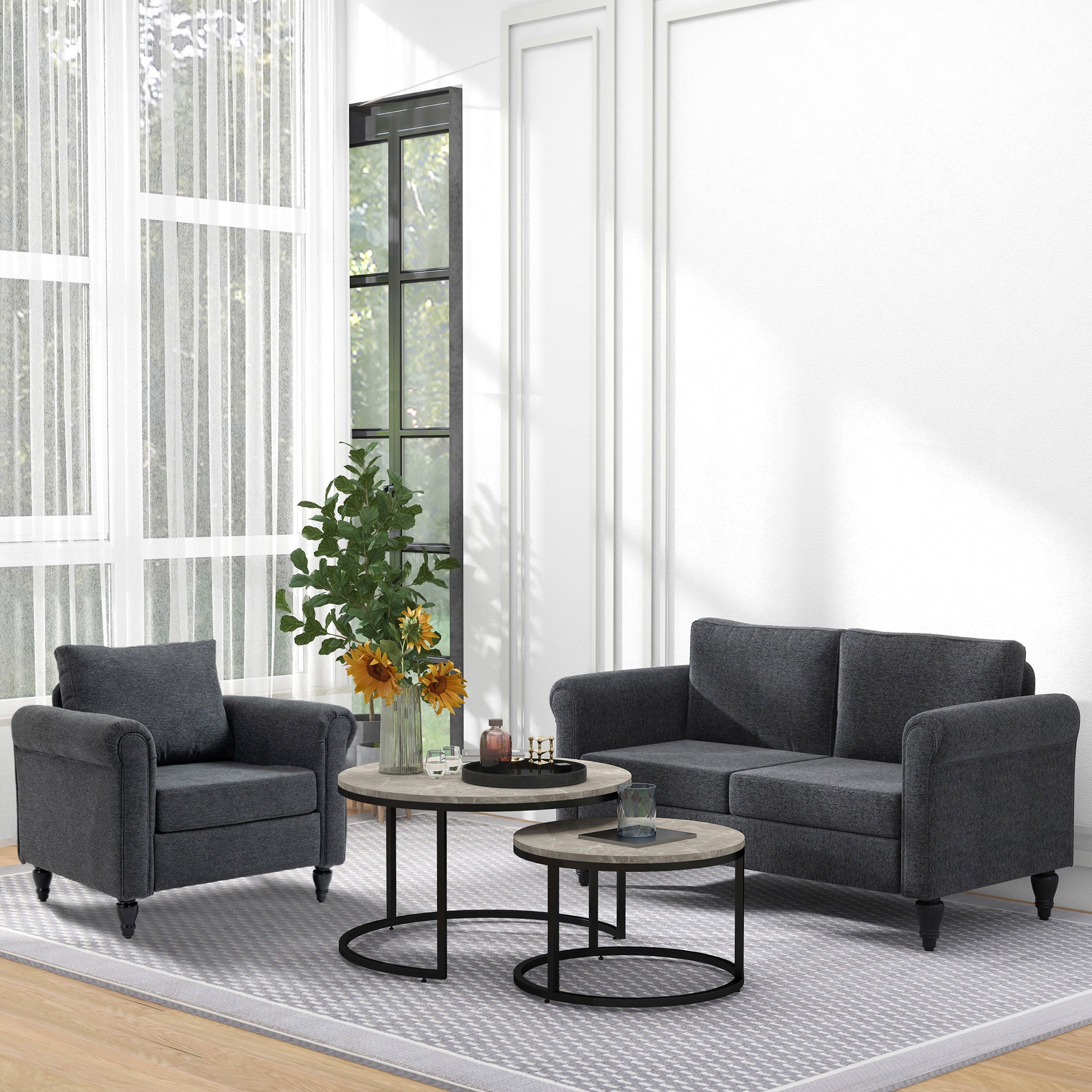 HOMCOM Nesting Tables, 31" Round Coffee Table Set of 2, Modern Side Tables for Living Room with Metal Base, Cement Grey