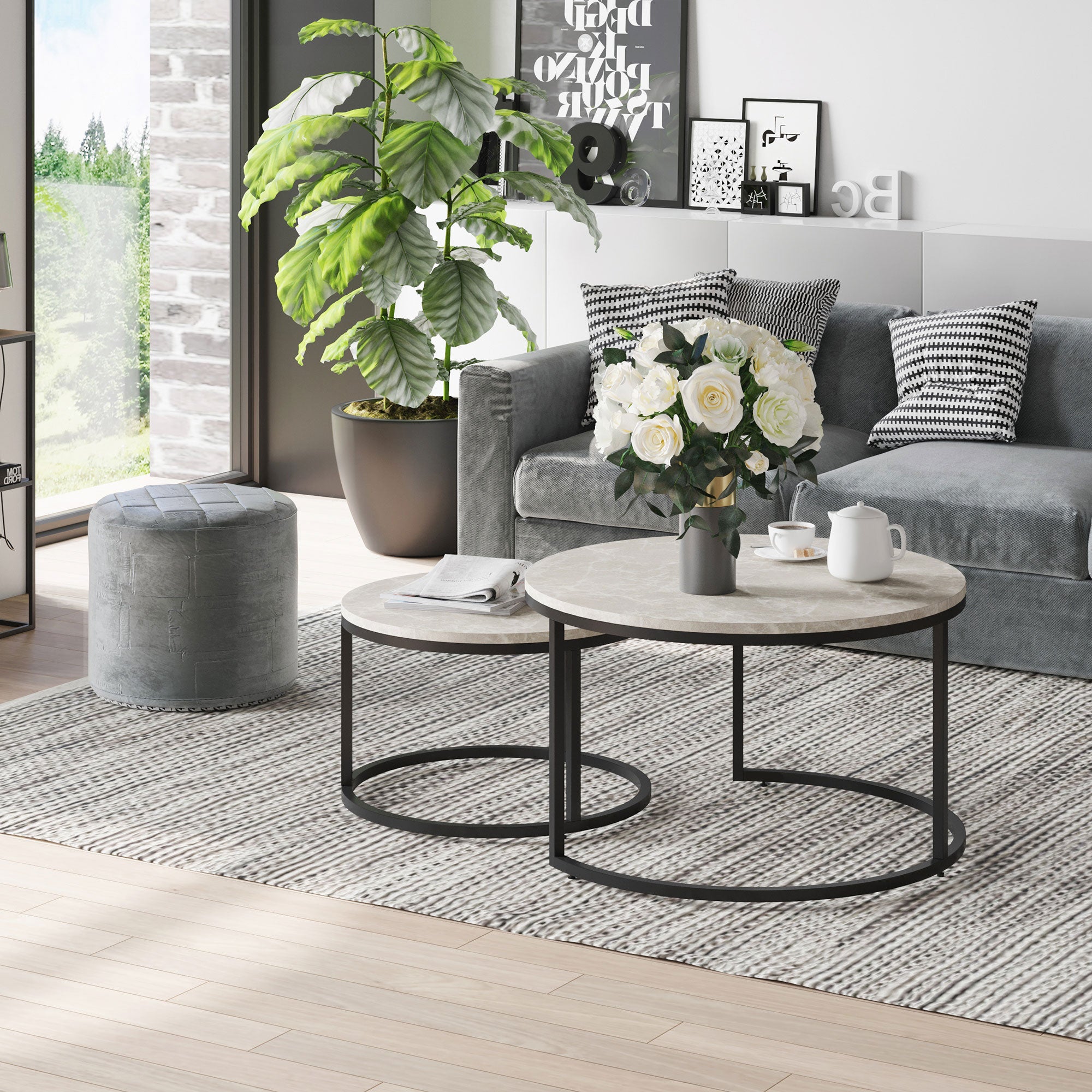 HOMCOM Nest of Tables, Round Coffee Table Set of 2,  Coffee Tables with Steel Frame for Living Room, Marble Grey
