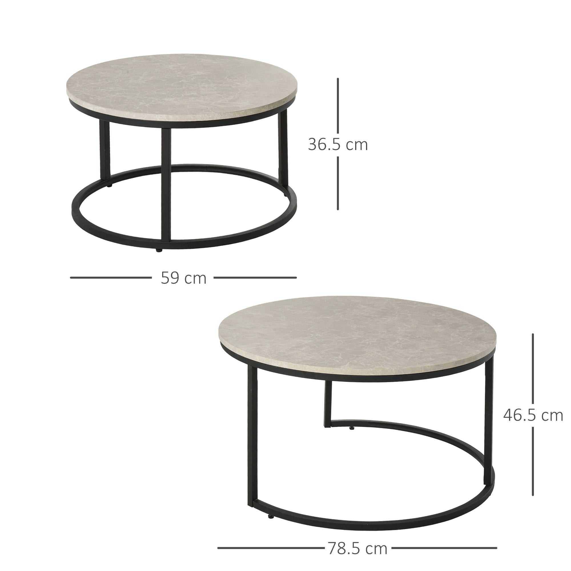 HOMCOM Nest of Tables, Round Coffee Table Set of 2,  Coffee Tables with Steel Frame for Living Room, Marble Grey