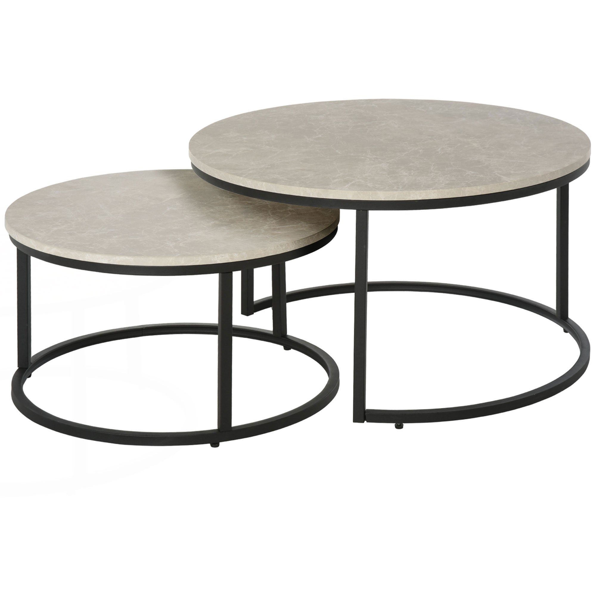 HOMCOM Nest of Tables, Round Coffee Table Set of 2,  Coffee Tables with Steel Frame for Living Room, Marble Grey