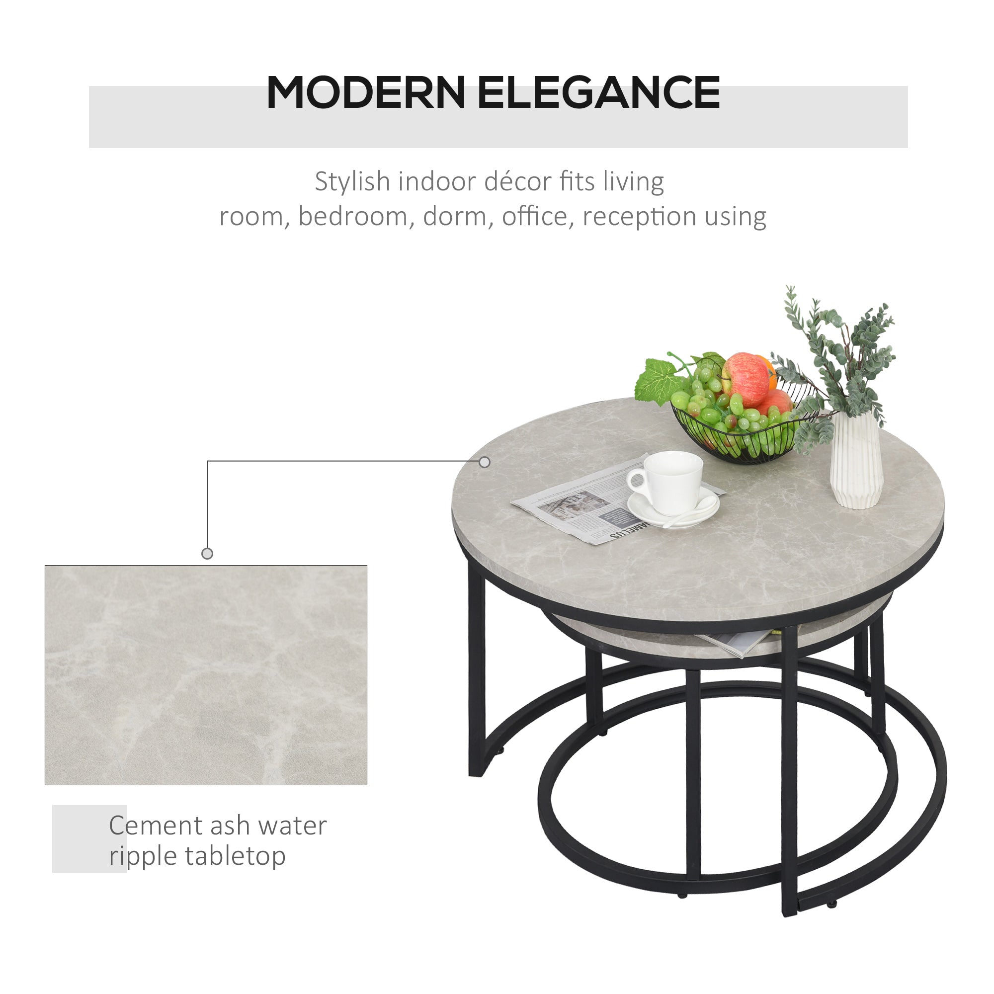 HOMCOM Nest of Tables, Round Coffee Table Set of 2,  Coffee Tables with Steel Frame for Living Room, Marble Grey