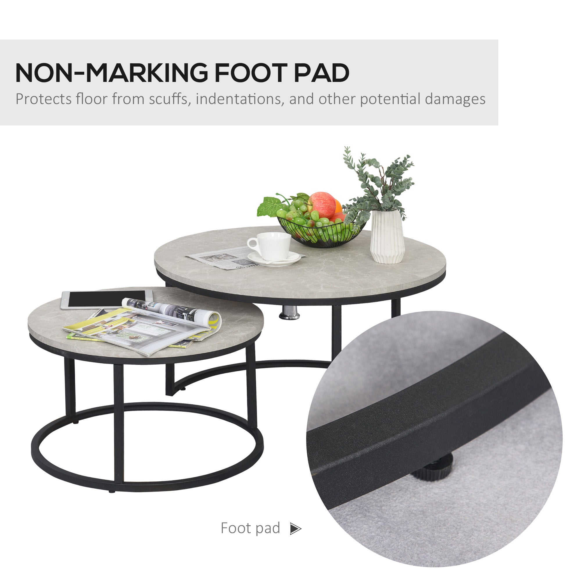 HOMCOM Nest of Tables, Round Coffee Table Set of 2,  Coffee Tables with Steel Frame for Living Room, Marble Grey