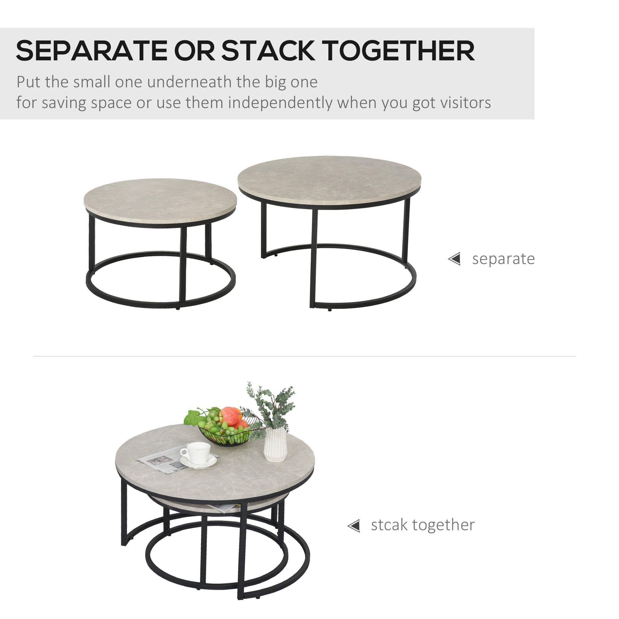 HOMCOM Nest of Tables, Round Coffee Table Set of 2,  Coffee Tables with Steel Frame for Living Room, Marble Grey