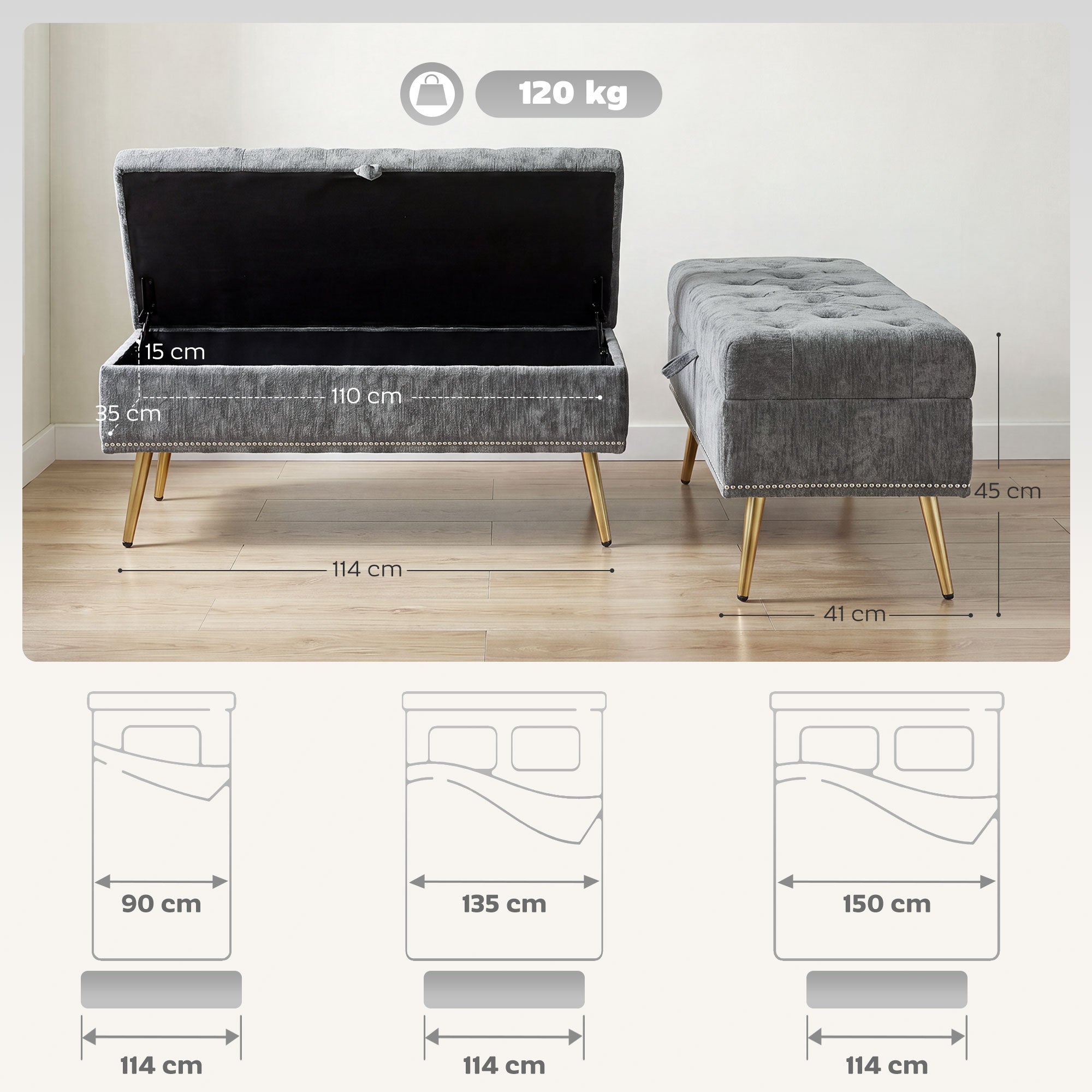 Storage Ottoman, Chenille Upholstered Ottoman Storage Box with Padded Seat, End of Bed Bench with Metal Legs for Bedroom, Hallway, Living Room, 114 x 41 x 45 cm, Grey