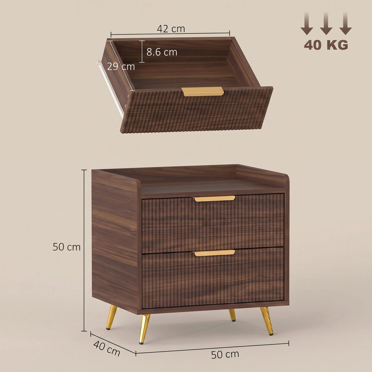 Bedside Table, Bedside Cabinet with 2 Drawers, Side End Table with Metal Legs for Bedroom Living Room, Walnut Brown