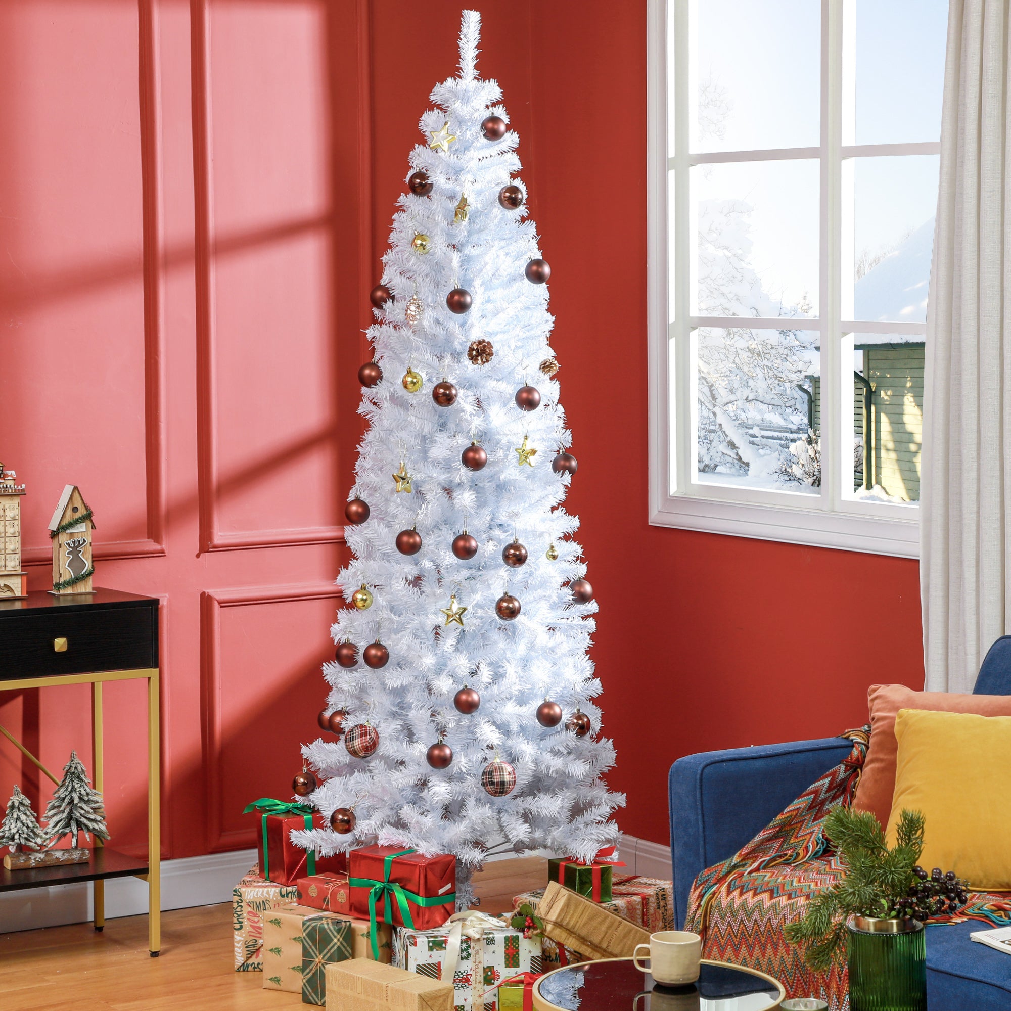 7 FT Artificial Christmas Tree Pencil Xmas Tree with Stand 818 Tips Holiday Indoor Decoration White