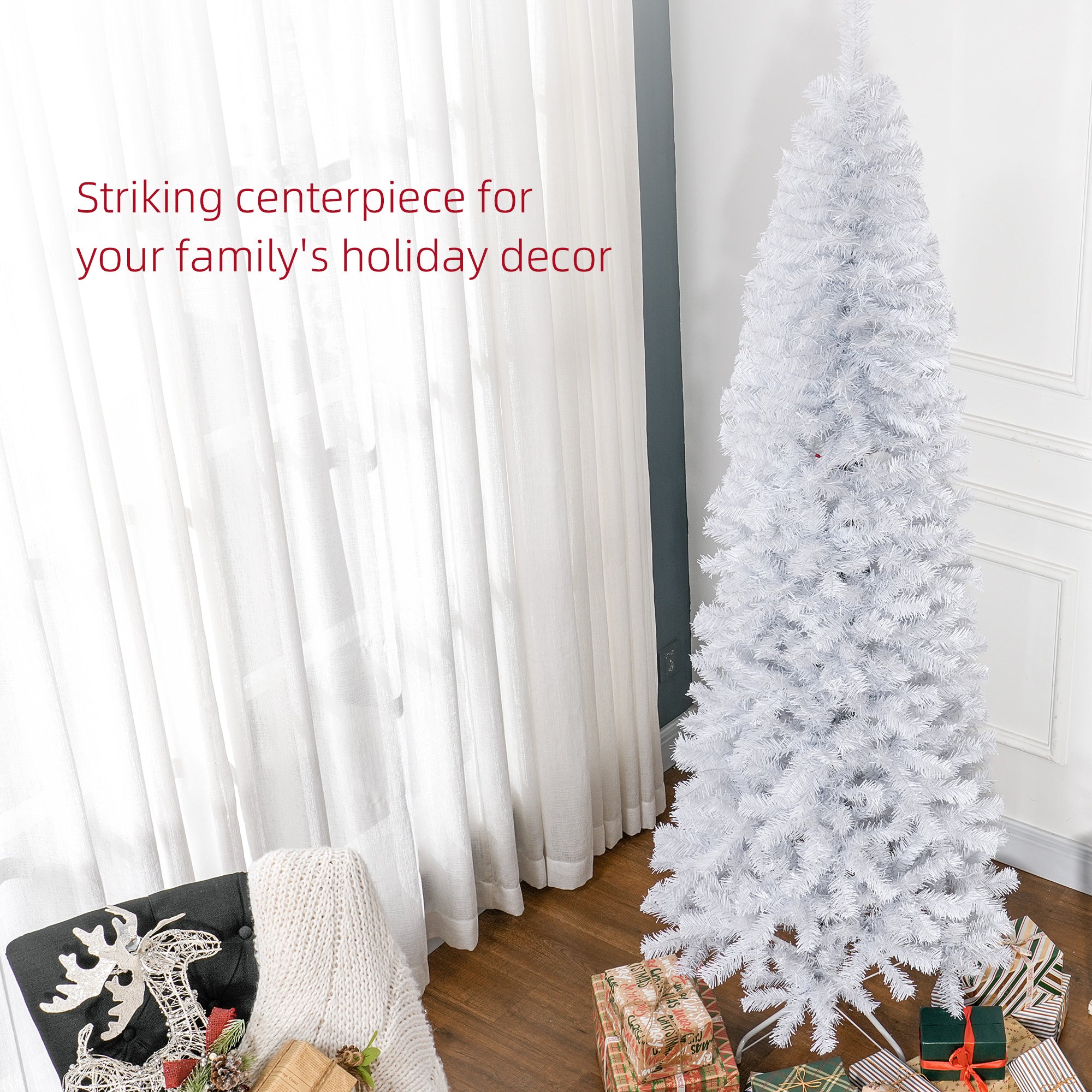 7 FT Artificial Christmas Tree Pencil Xmas Tree with Stand 818 Tips Holiday Indoor Decoration White