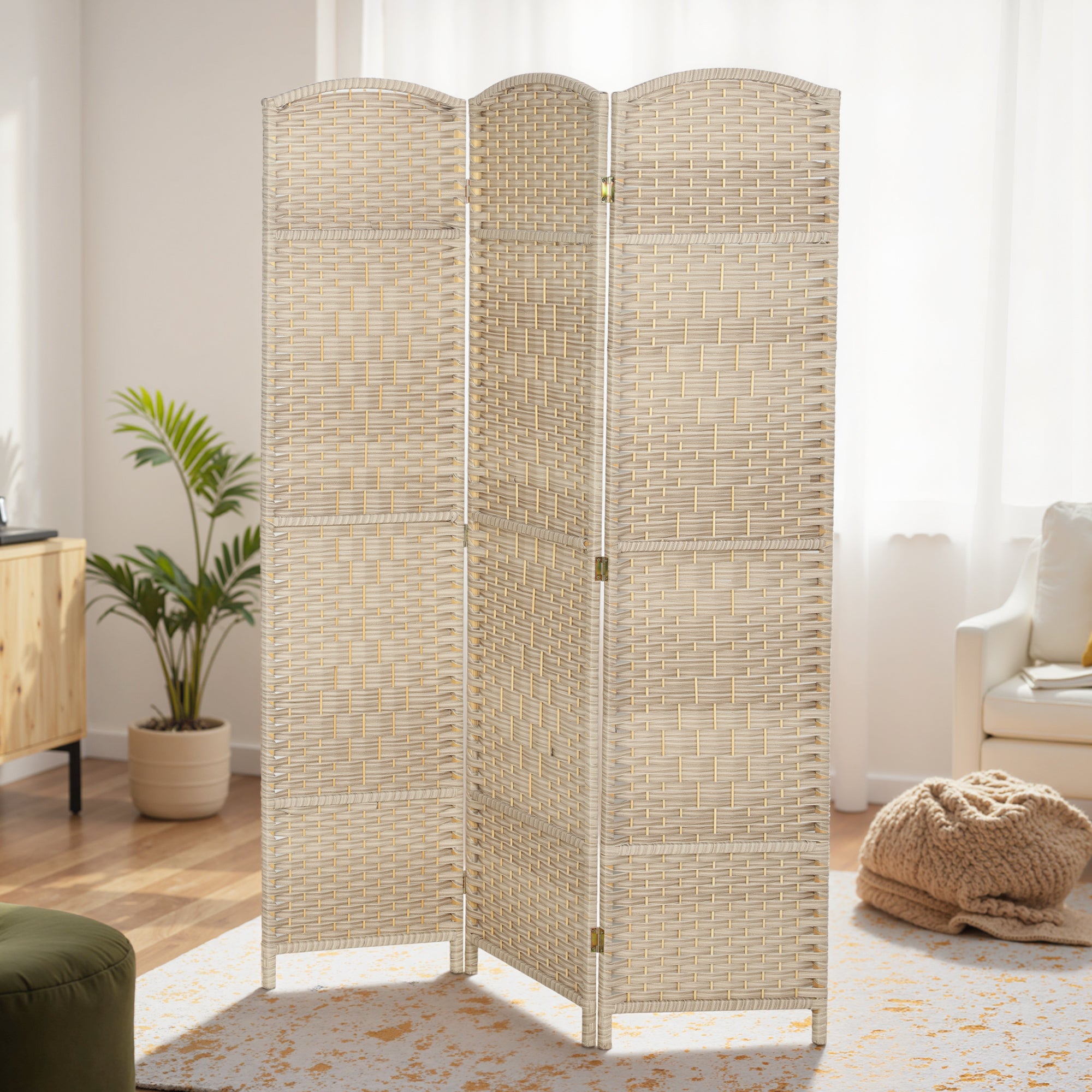 3 Panel Room Divider, 6' Tall Folding Privacy Screen, Hand-Woven Freestanding Wall Partition for Home Office, Bedroom, Washed Oak