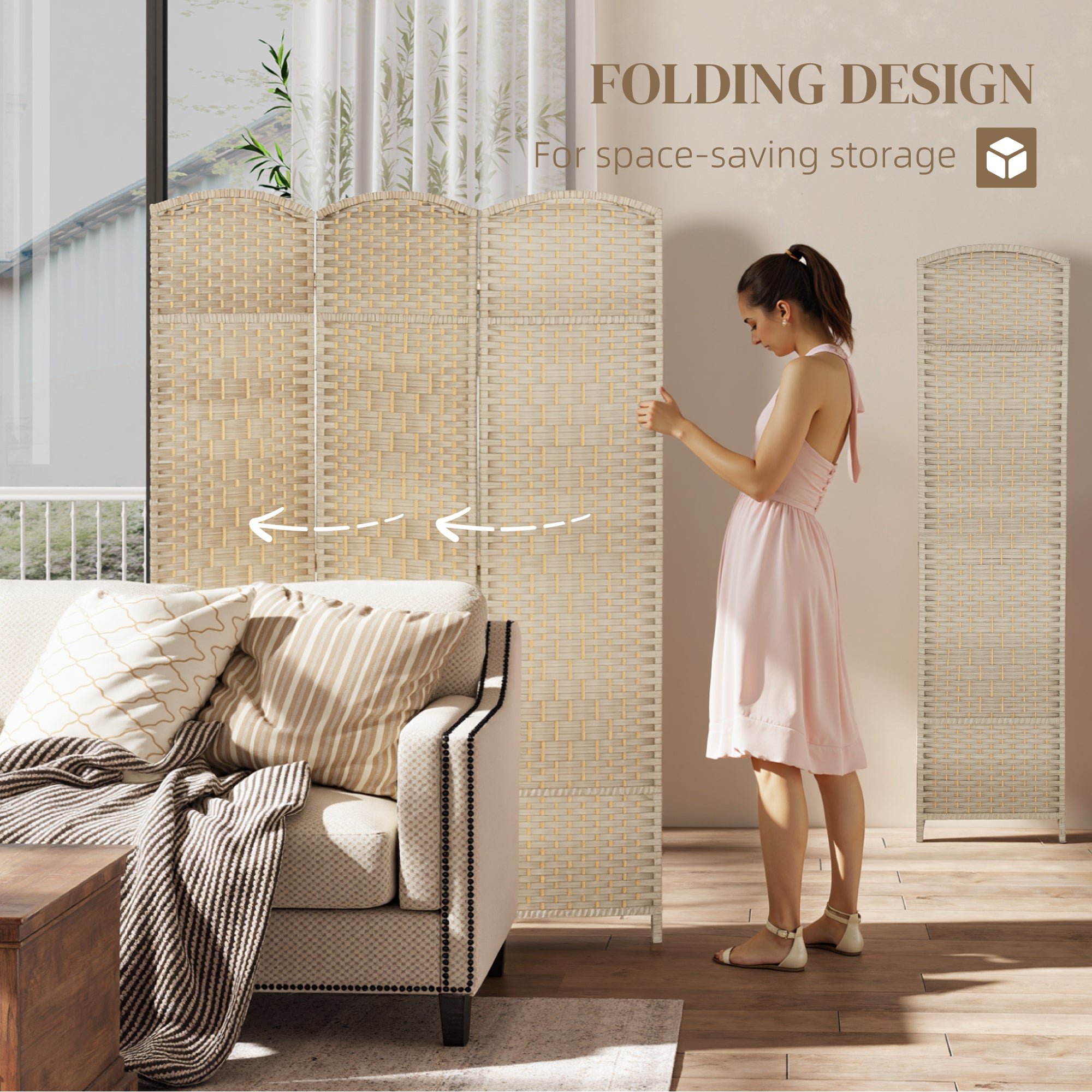 3 Panel Room Divider, 6' Tall Folding Privacy Screen, Hand-Woven Freestanding Wall Partition for Home Office, Bedroom, Washed Oak